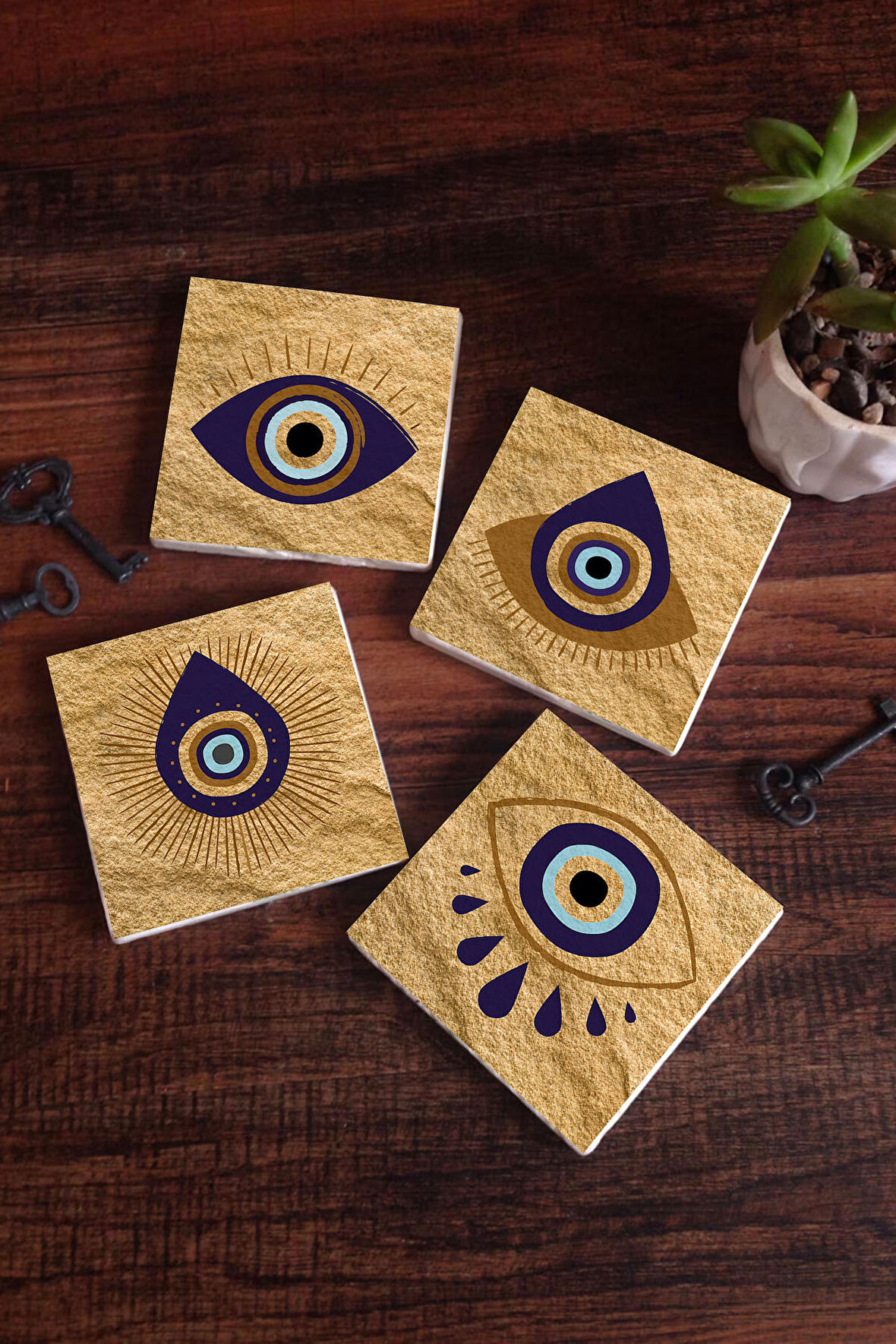 Nazar Taş Bardak Altlığı Masaüstü Koruyucu Altlık 4 Parça Set 10x10cm Stone Coasters