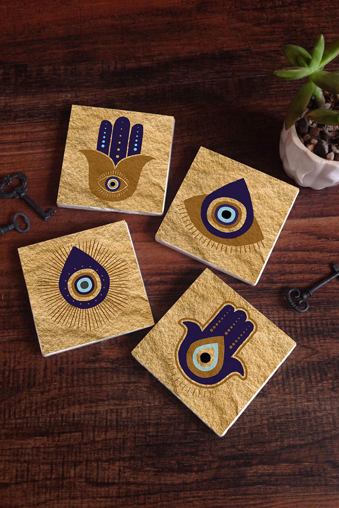 Fatma Ana Eli (Hamsa), Nazar Taş Bardak Altlığı Masaüstü Koruyucu Altlık 4 Parça Set 10x10cm Stone Coasters