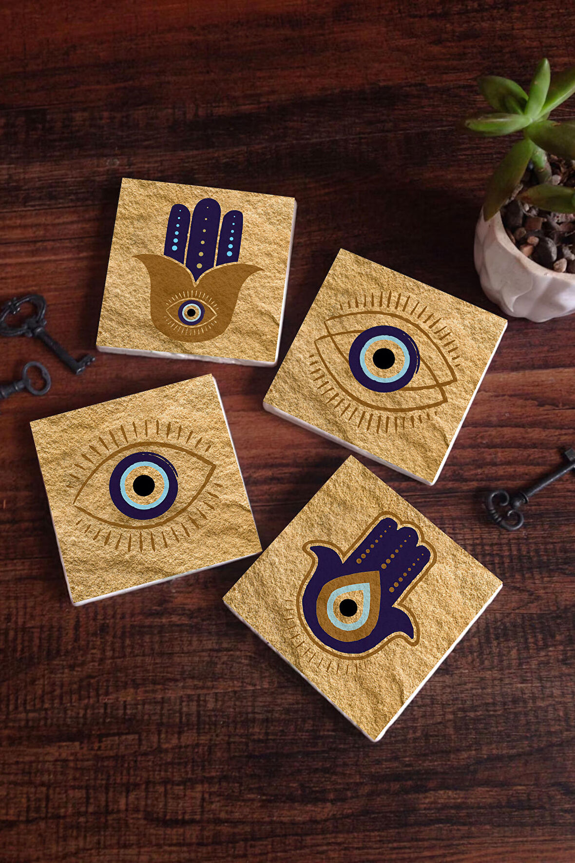 Fatma Ana Eli (Hamsa), Nazar Taş Bardak Altlığı Masaüstü Koruyucu Altlık 4 Parça Set 10x10cm Stone Coasters
