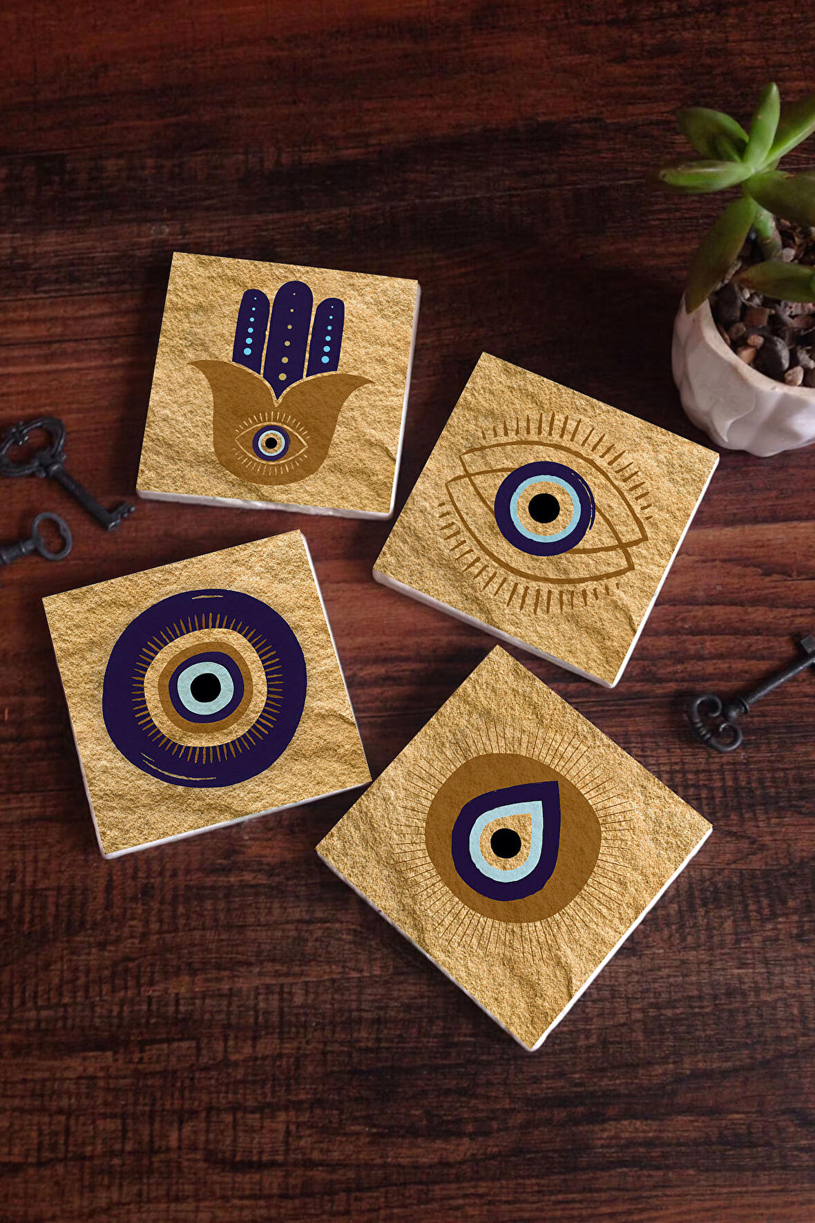 Fatma Ana Eli (Hamsa), Nazar Taş Bardak Altlığı Masaüstü Koruyucu Altlık 4 Parça Set 10x10cm Stone Coasters