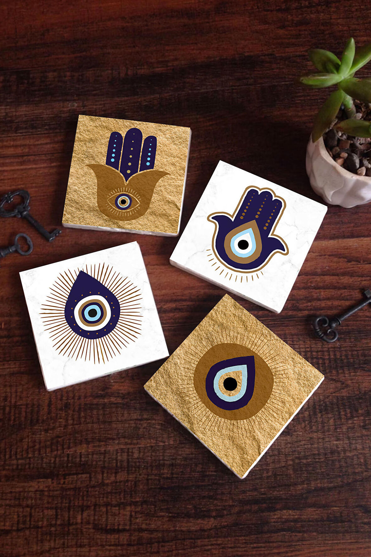 Fatma Ana Eli (Hamsa), Nazar Taş Bardak Altlığı Masaüstü Koruyucu Altlık 4 Parça Set 10x10cm Stone Coasters