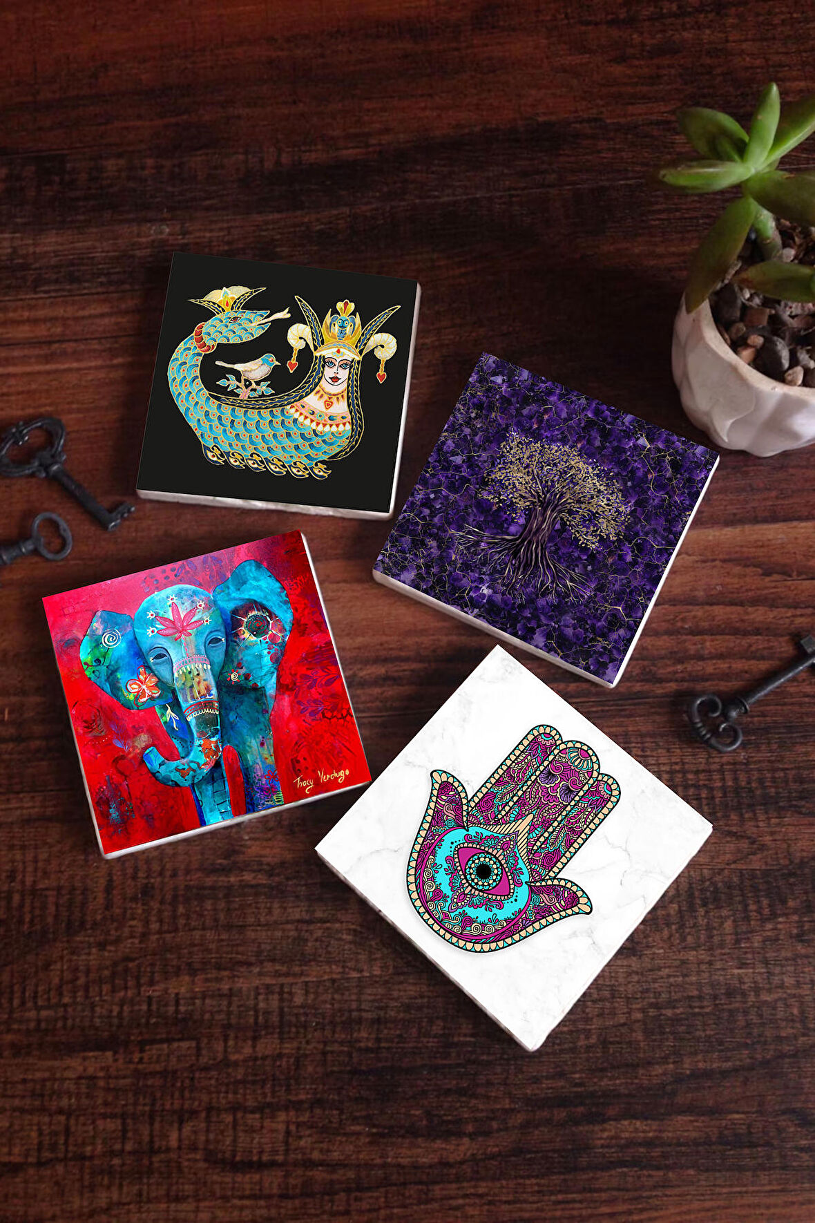 Hayat Ağacı, Fil, Fatma Ana Eli (Hamsa), Şahmeran Taş Bardak Altlığı Masaüstü Koruyucu Altlık 4 Parça Set 10x10cm Stone Coasters