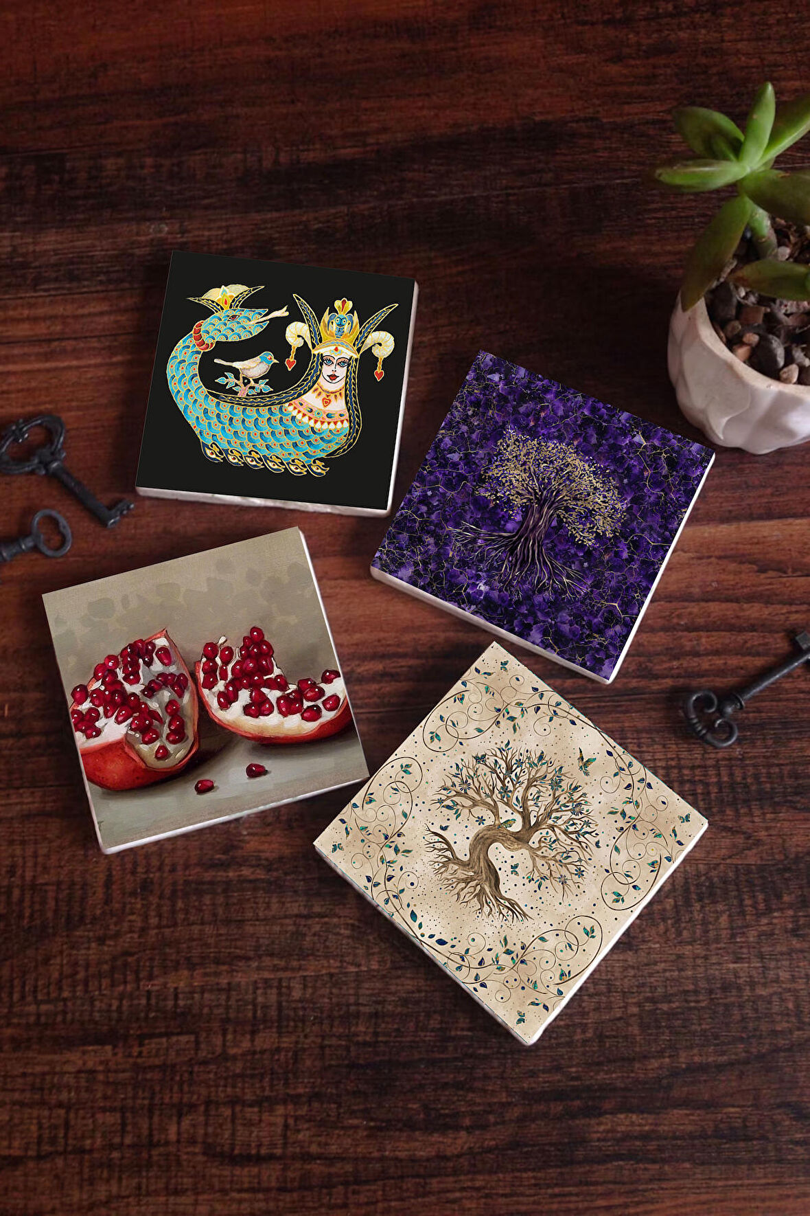 Şahmeran, Hayat Ağacı, Nar Taş Bardak Altlığı Masaüstü Koruyucu Altlık 4 Parça Set 10x10cm Stone Coasters