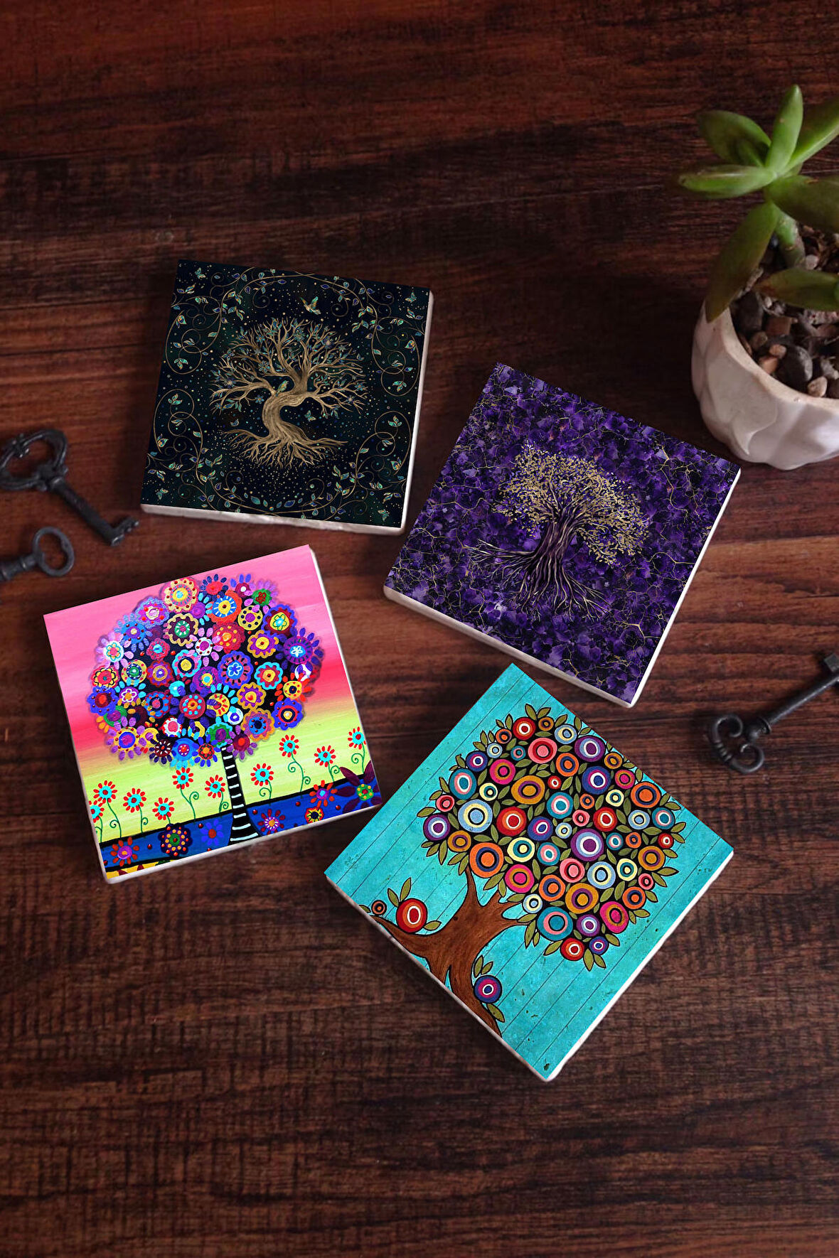 Hayat Ağacı Taş Bardak Altlığı Masaüstü Koruyucu Altlık 4 Parça Set 10x10cm Stone Coasters