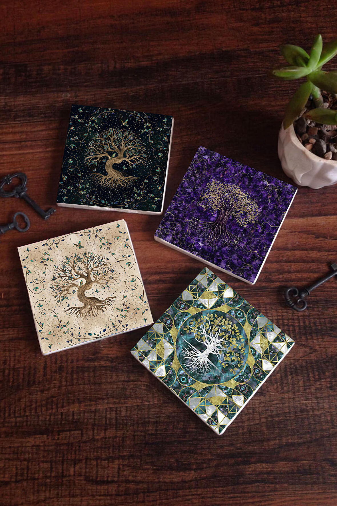 Hayat Ağacı Taş Bardak Altlığı Masaüstü Koruyucu Altlık 4 Parça Set 10x10cm Stone Coasters