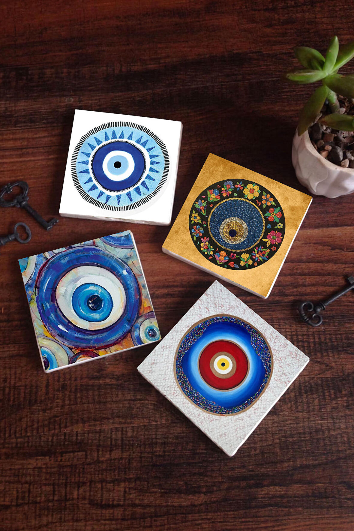 Nazar Taş Bardak Altlığı Masaüstü Koruyucu Altlık 4 Parça Set 10x10cm Stone Coasters