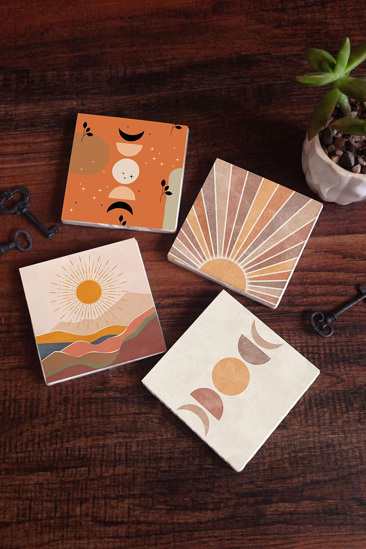 Bohem, Minimalist Soyut Taş Bardak Altlığı Masaüstü Koruyucu Altlık 4 Parça Set 10x10cm Stone Coasters