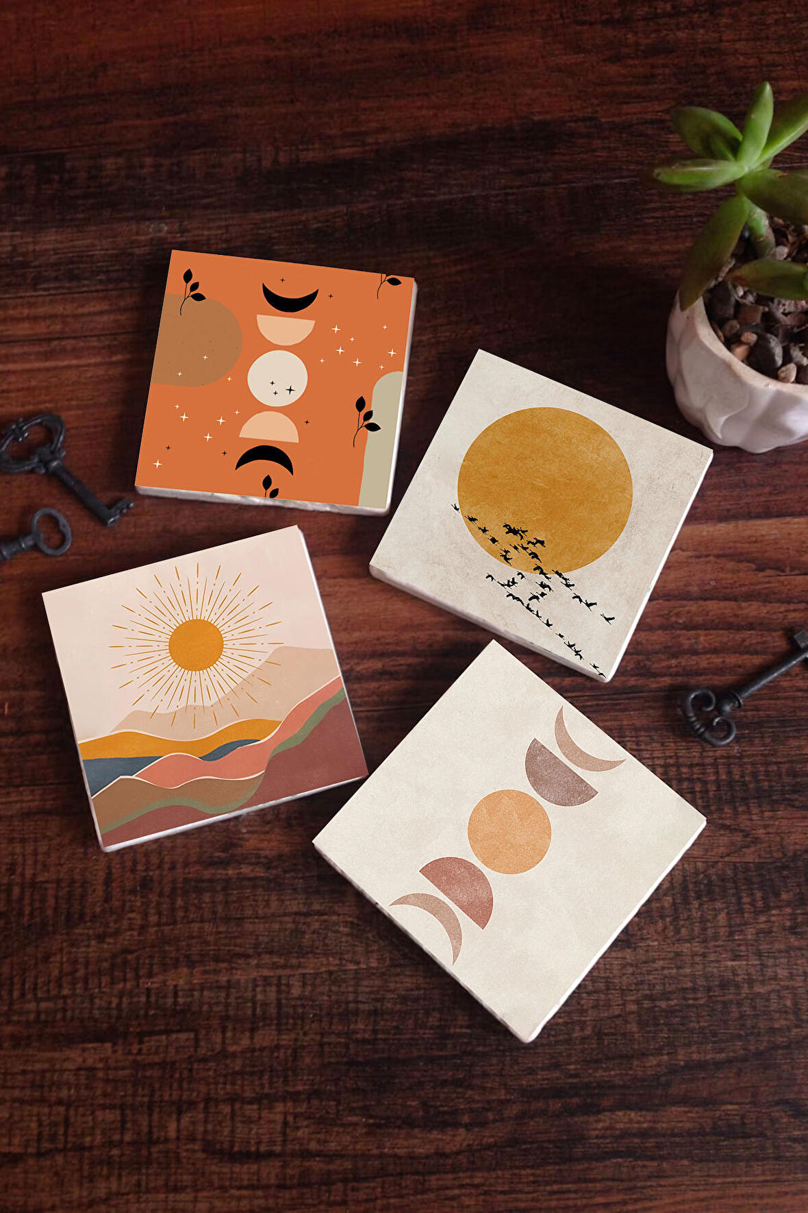 Minimalist, Bohem, Soyut Taş Bardak Altlığı Masaüstü Koruyucu Altlık 4 Parça Set 10x10cm Stone Coasters