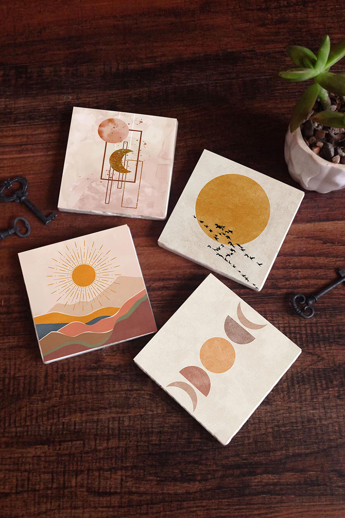 Minimalist, Bohem, Soyut Taş Bardak Altlığı Masaüstü Koruyucu Altlık 4 Parça Set 10x10cm Stone Coasters