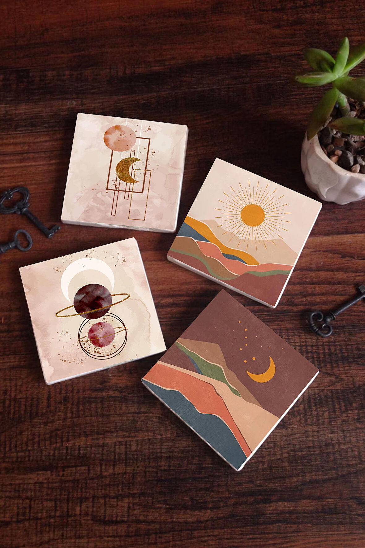 Minimalist Soyut, Bohem Taş Bardak Altlığı Masaüstü Koruyucu Altlık 4 Parça Set 10x10cm Stone Coasters