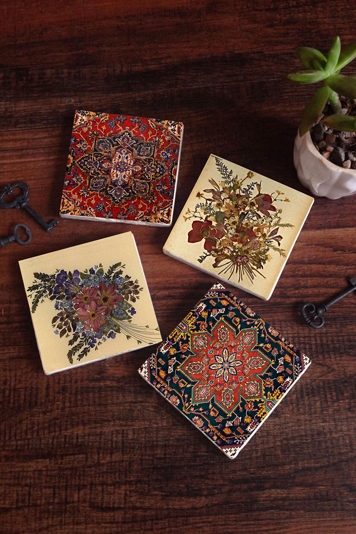 Desen, Vintage Çiçek Taş Bardak Altlığı Masaüstü Koruyucu Altlık 4 Parça Set 10x10cm Stone Coasters