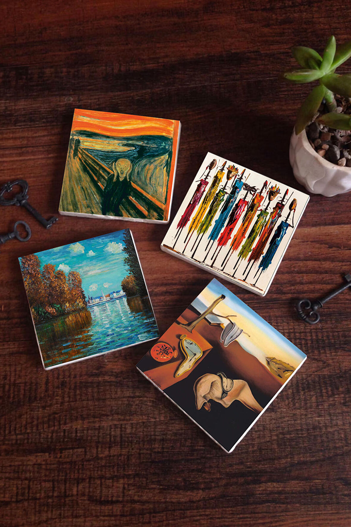 Salvador Dalí Belleğin Azmi, Claude Monet Sonbahar, Çığlık, Yerli Kadınlar Taş Bardak Altlığı Masaüstü Koruyucu Altlık 4 Parça Set 10x10cm Stone Coasters