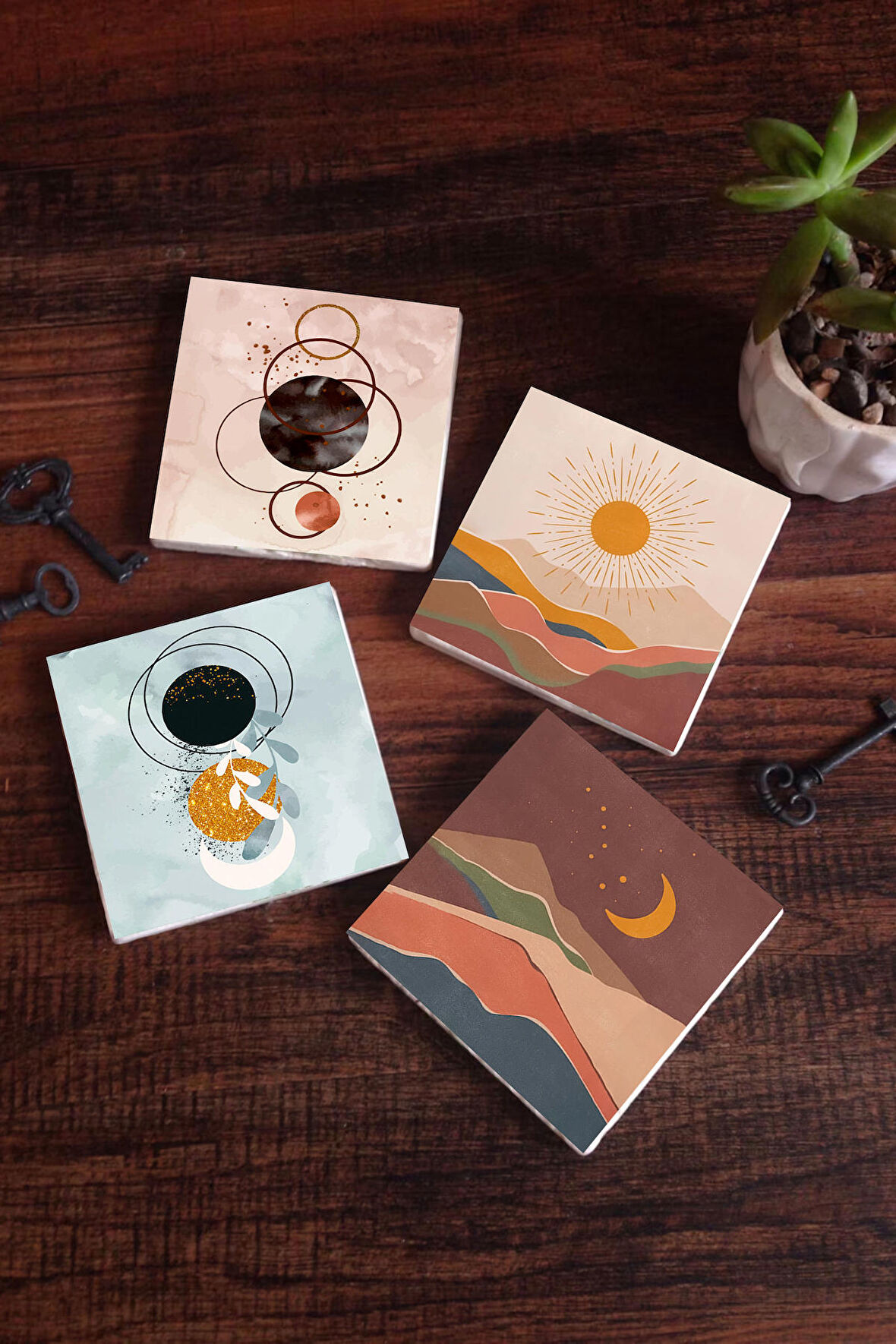 Minimalist Soyut, Bohem Taş Bardak Altlığı Masaüstü Koruyucu Altlık 4 Parça Set 10x10cm Stone Coasters