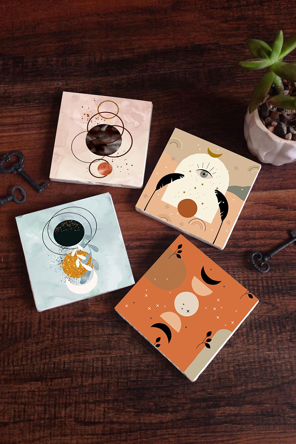 Minimalist Soyut, Bohem Taş Bardak Altlığı Masaüstü Koruyucu Altlık 4 Parça Set 10x10cm Stone Coasters