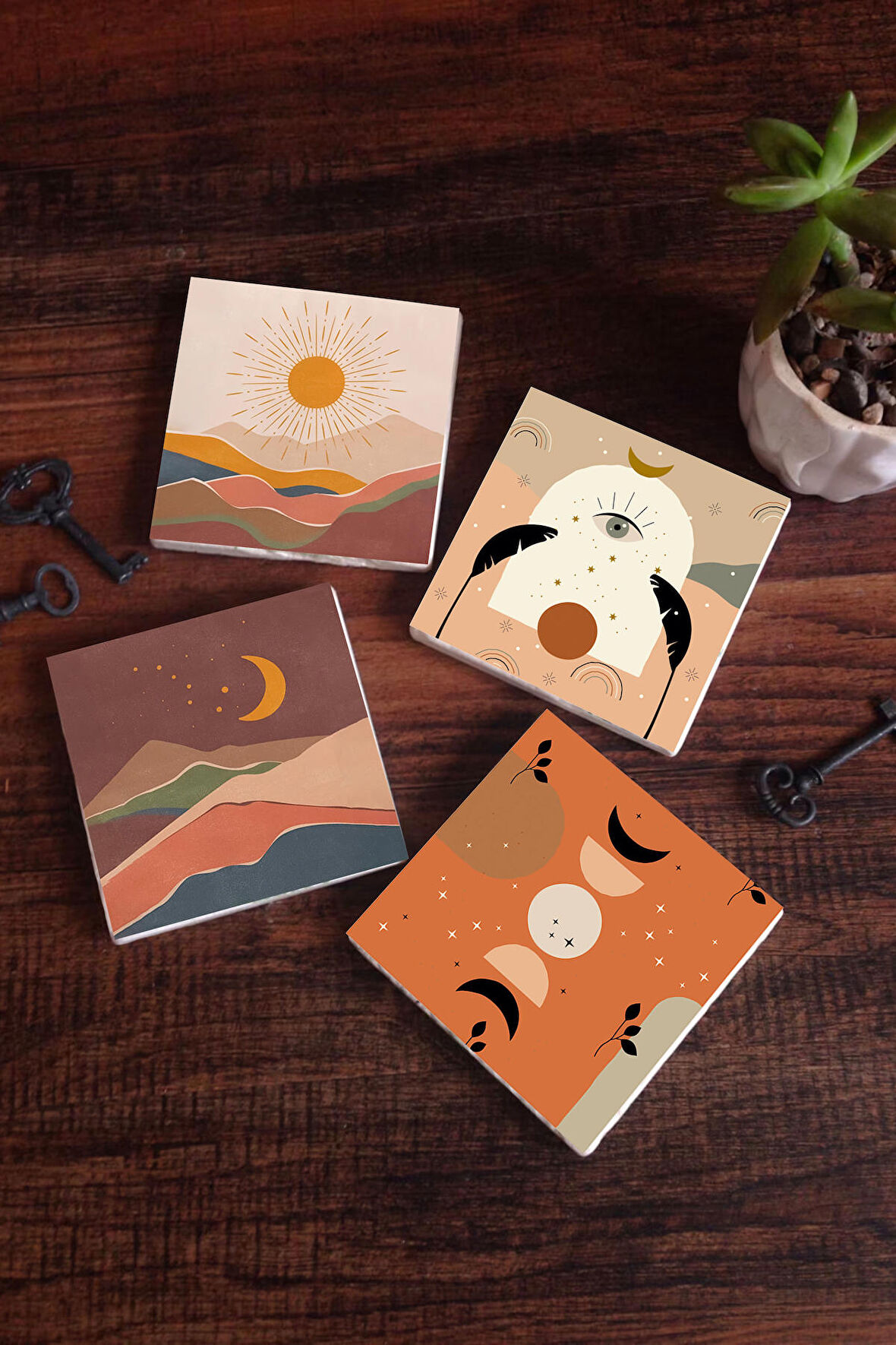 Bohem Taş Bardak Altlığı Masaüstü Koruyucu Altlık 4 Parça Set 10x10cm Stone Coasters