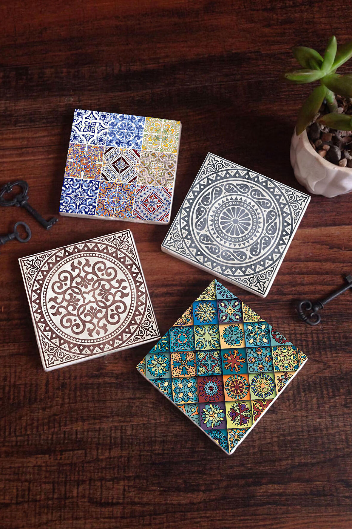 Etnik Desen Taş Bardak Altlığı Masaüstü Koruyucu Altlık 4 Parça Set 10x10cm Stone Coasters