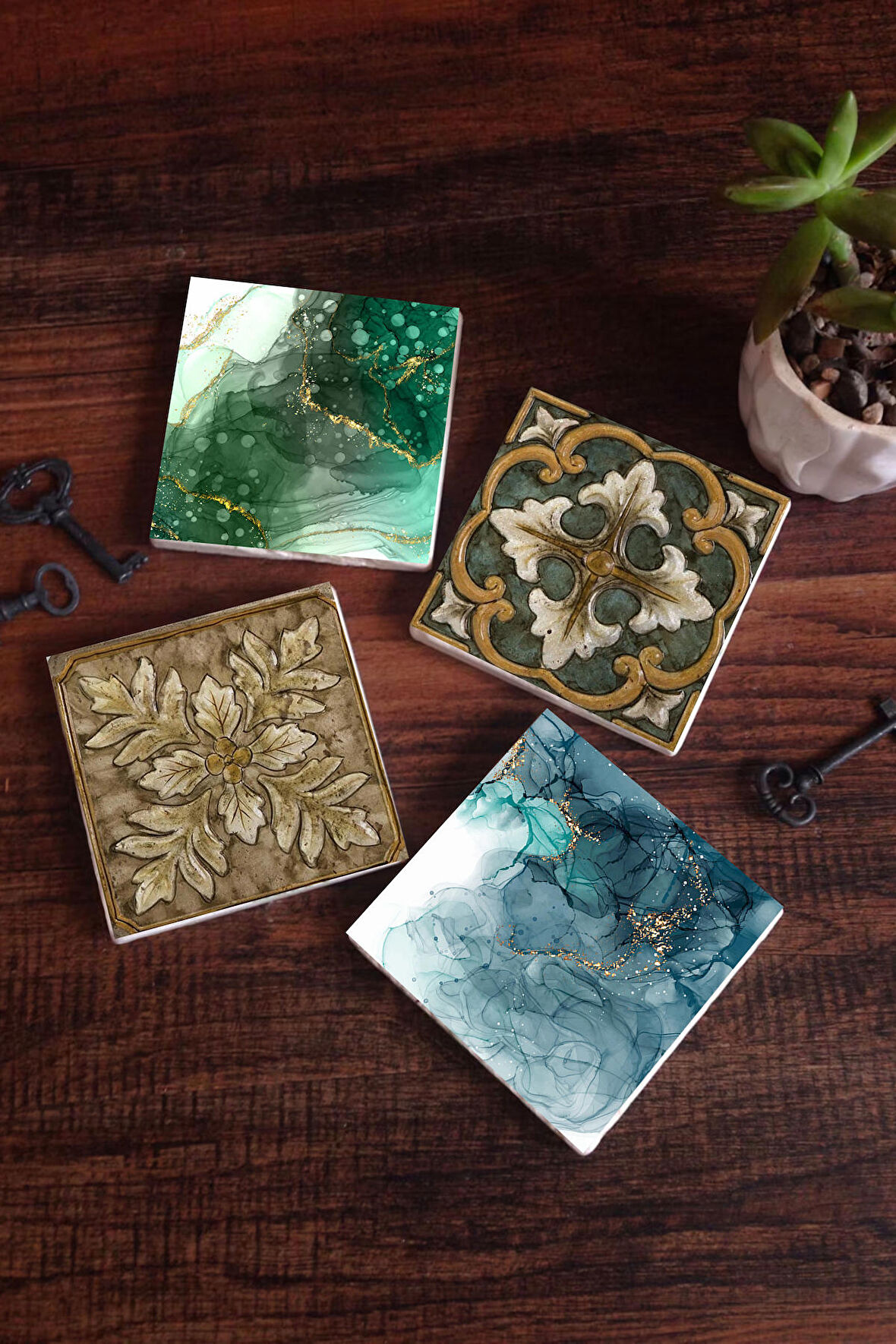 Soyut Sanat, Desen Taş Bardak Altlığı Masaüstü Koruyucu Altlık 4 Parça Set 10x10cm Stone Coasters