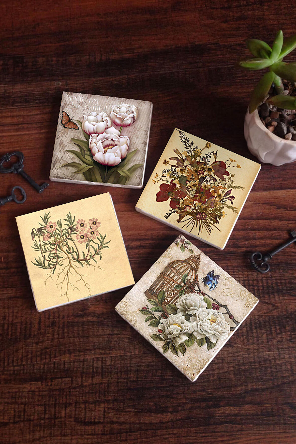 Vintage Çiçek, Kelebekli Çiçek Taş Bardak Altlığı Masaüstü Koruyucu Altlık 4 Parça Set 10x10cm Stone Coasters