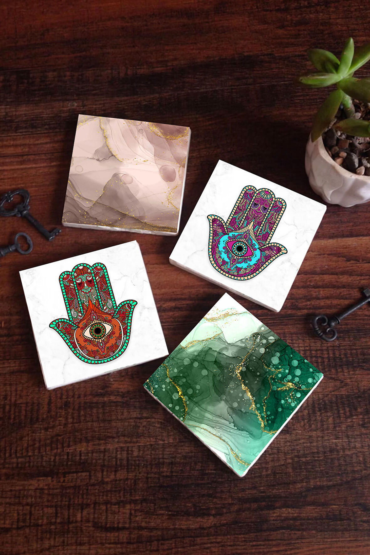 Soyut Sanat, Fatma Ana Eli (Hamsa) Taş Bardak Altlığı Masaüstü Koruyucu Altlık 4 Parça Set 10x10cm Stone Coasters