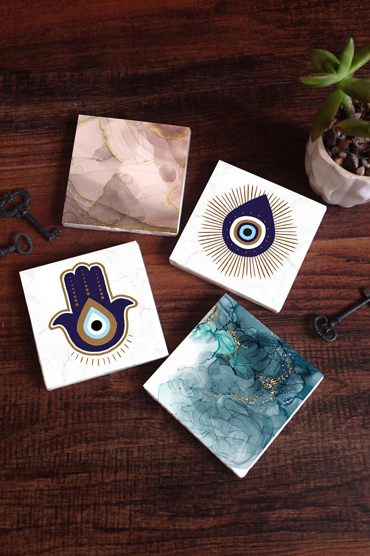 Fatma Ana Eli (Hamsa), Nazar, Soyut Sanat Taş Bardak Altlığı Masaüstü Koruyucu Altlık 4 Parça Set 10x10cm Stone Coasters