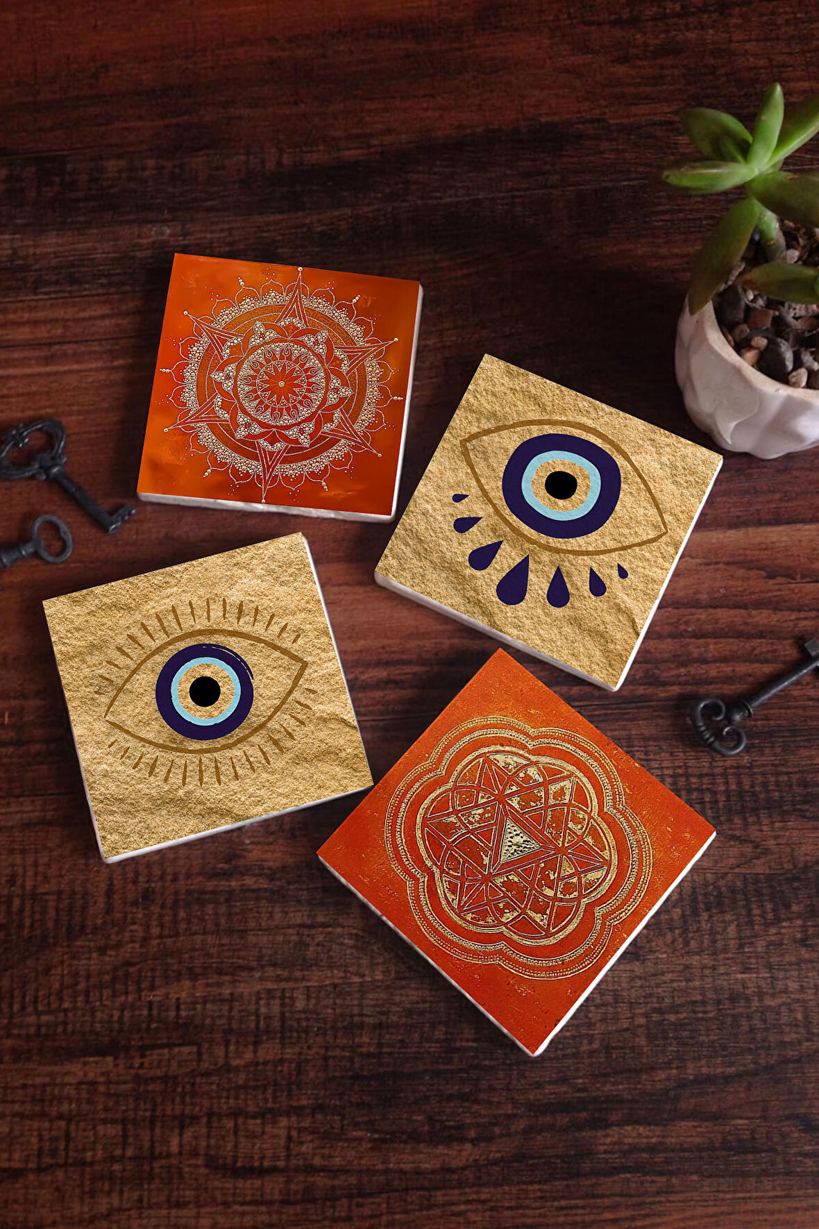 Nazar, Sri Yantra, Mandala Taş Bardak Altlığı Masaüstü Koruyucu Altlık 4 Parça Set 10x10cm Stone Coasters