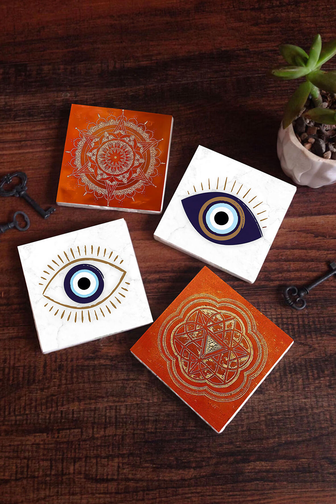 Nazar, Sri Yantra, Mandala Taş Bardak Altlığı Masaüstü Koruyucu Altlık 4 Parça Set 10x10cm Stone Coasters