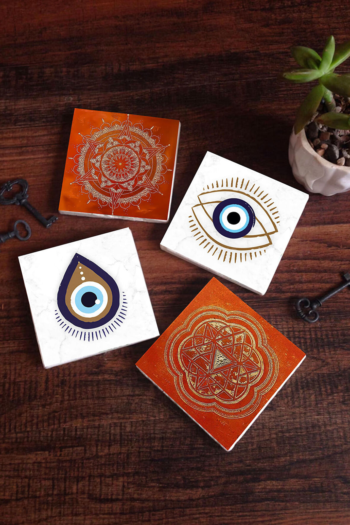 Nazar, Sri Yantra, Mandala Taş Bardak Altlığı Masaüstü Koruyucu Altlık 4 Parça Set 10x10cm Stone Coasters