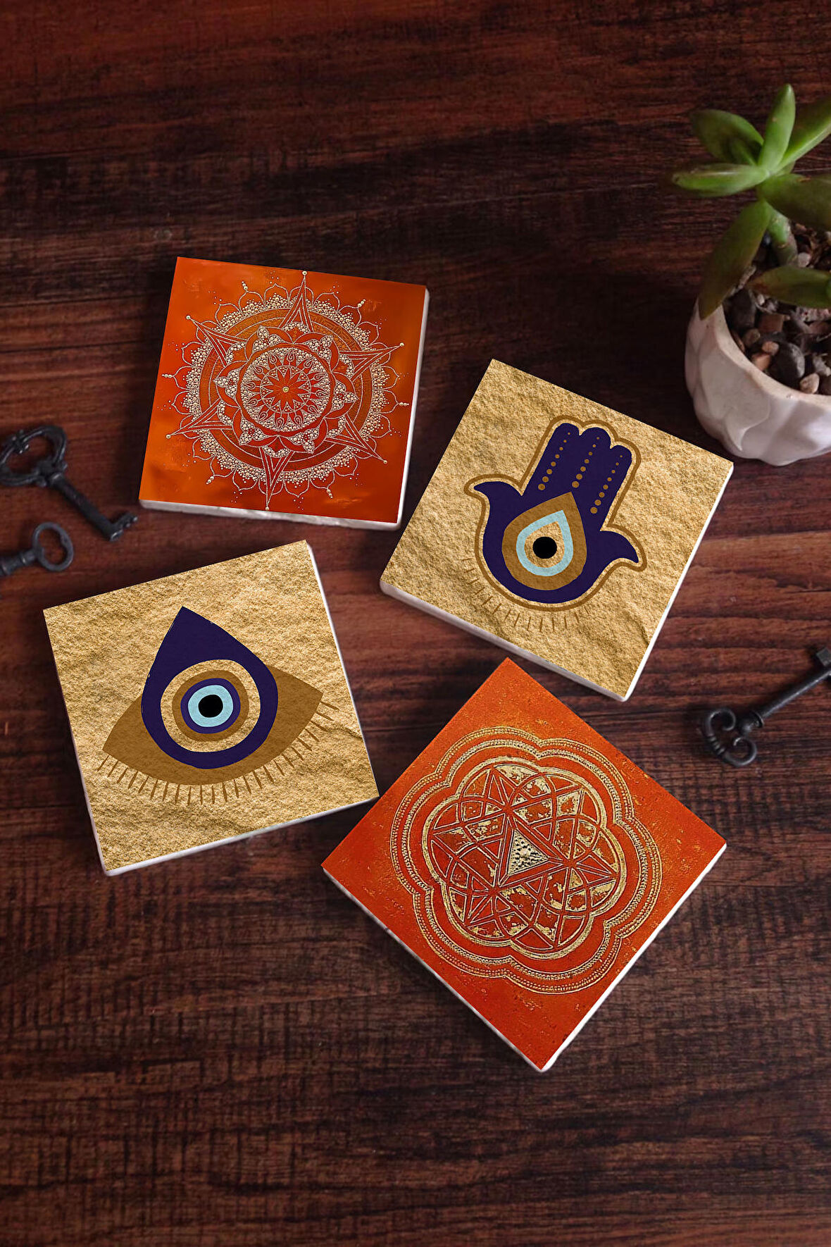 Fatma Ana Eli (Hamsa), Nazar, Sri Yantra, Mandala Taş Bardak Altlığı Masaüstü Koruyucu Altlık 4 Parça Set 10x10cm Stone Coasters