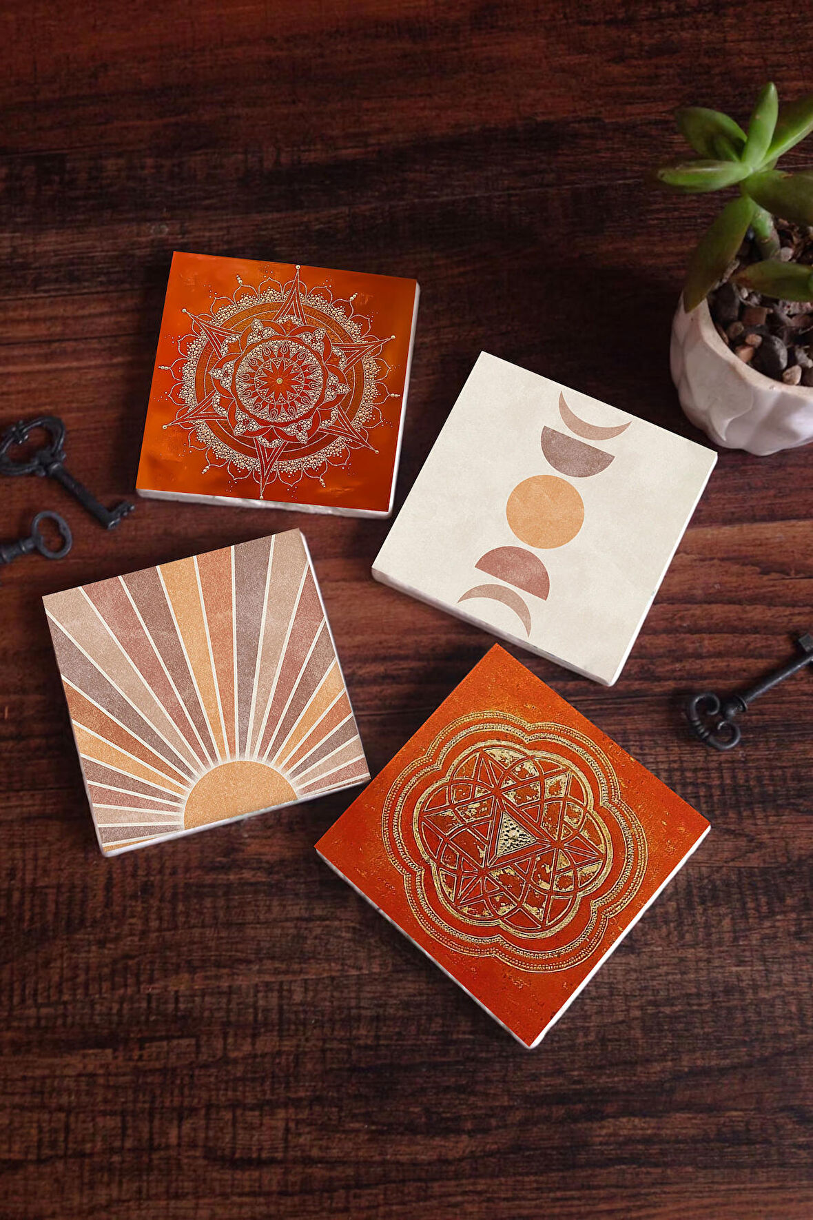 Minimalist Soyut, Sri Yantra, Mandala Taş Bardak Altlığı Masaüstü Koruyucu Altlık 4 Parça Set 10x10cm Stone Coasters