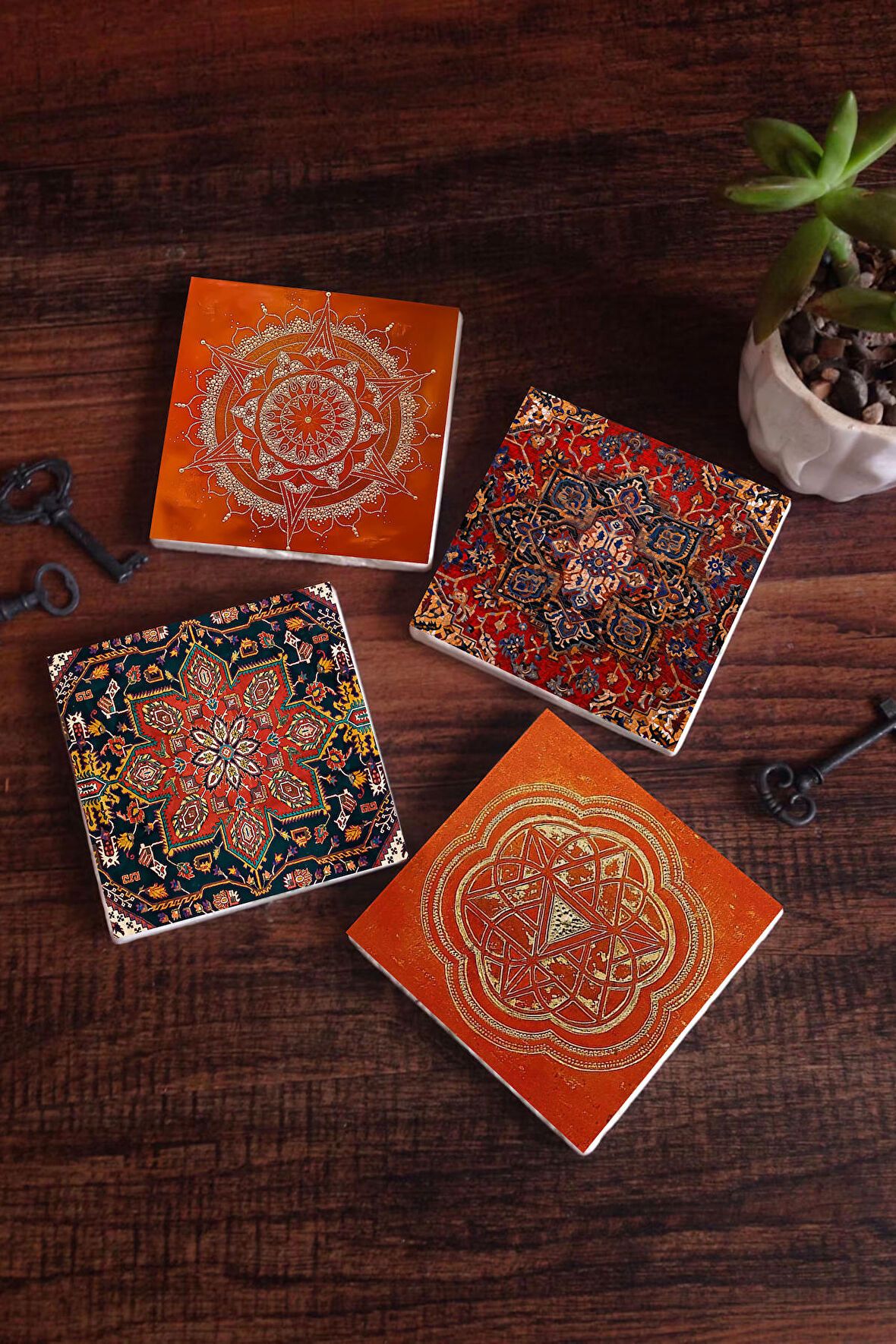 Desen, Sri Yantra, Mandala Taş Bardak Altlığı Masaüstü Koruyucu Altlık 4 Parça Set 10x10cm Stone Coasters