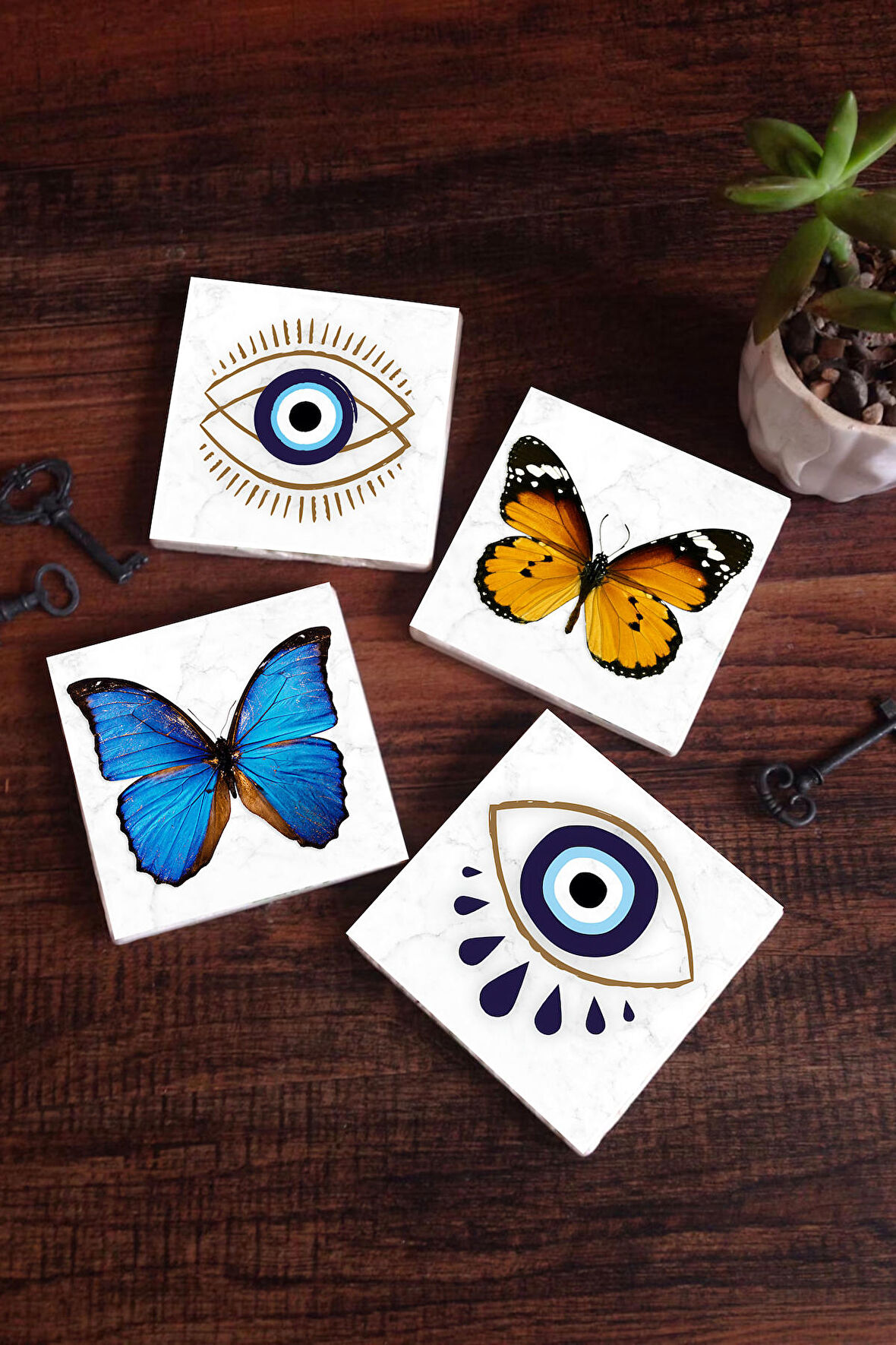 Nazar, Kelebek Taş Bardak Altlığı Masaüstü Koruyucu Altlık 4 Parça Set 10x10cm Stone Coasters