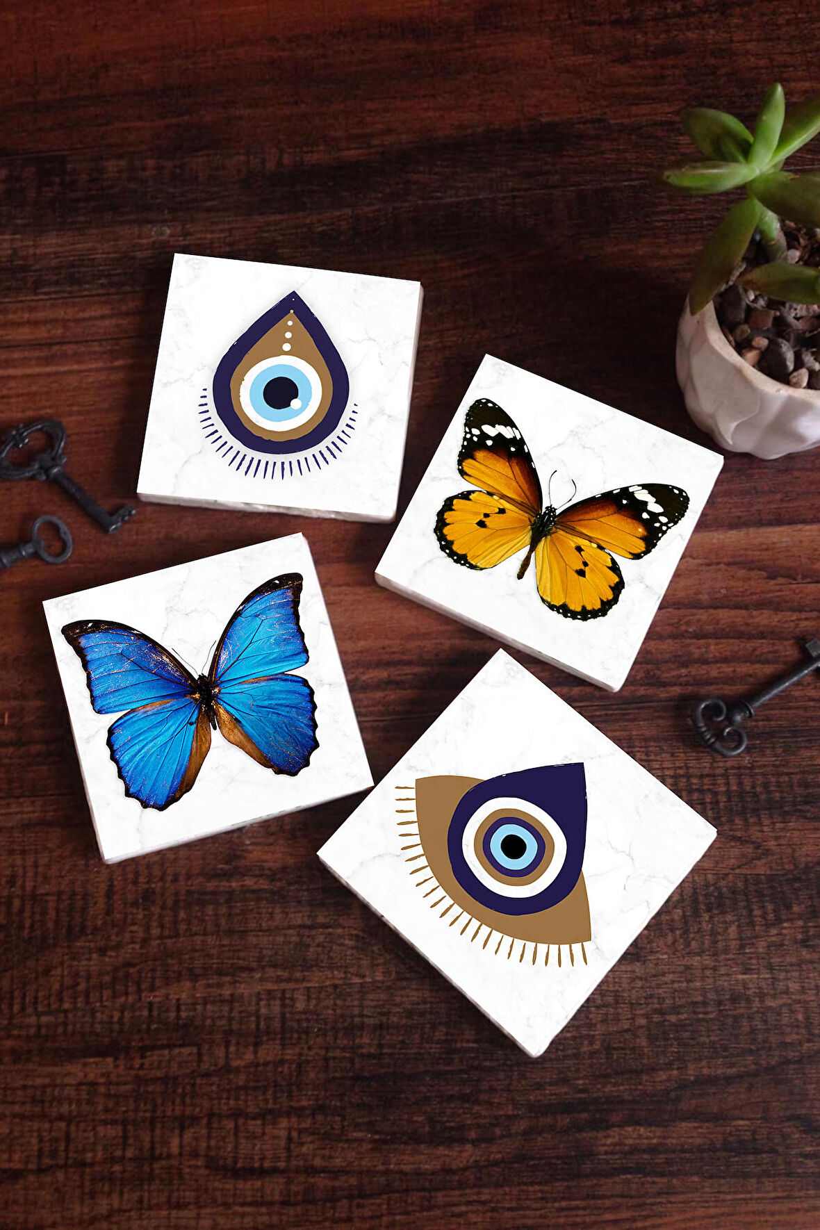Nazar, Kelebek Taş Bardak Altlığı Masaüstü Koruyucu Altlık 4 Parça Set 10x10cm Stone Coasters