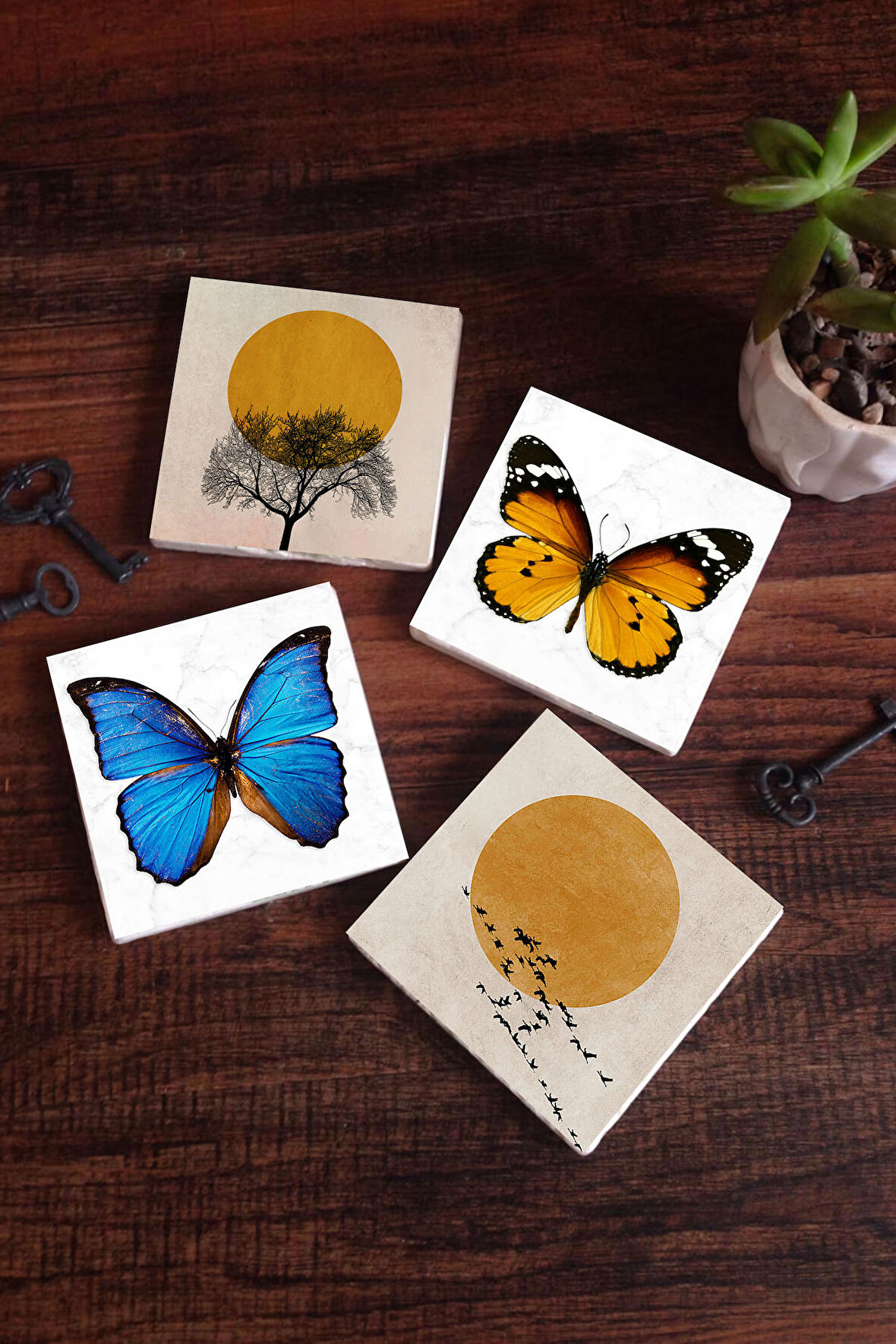Minimalist, Kelebek Taş Bardak Altlığı Masaüstü Koruyucu Altlık 4 Parça Set 10x10cm Stone Coasters