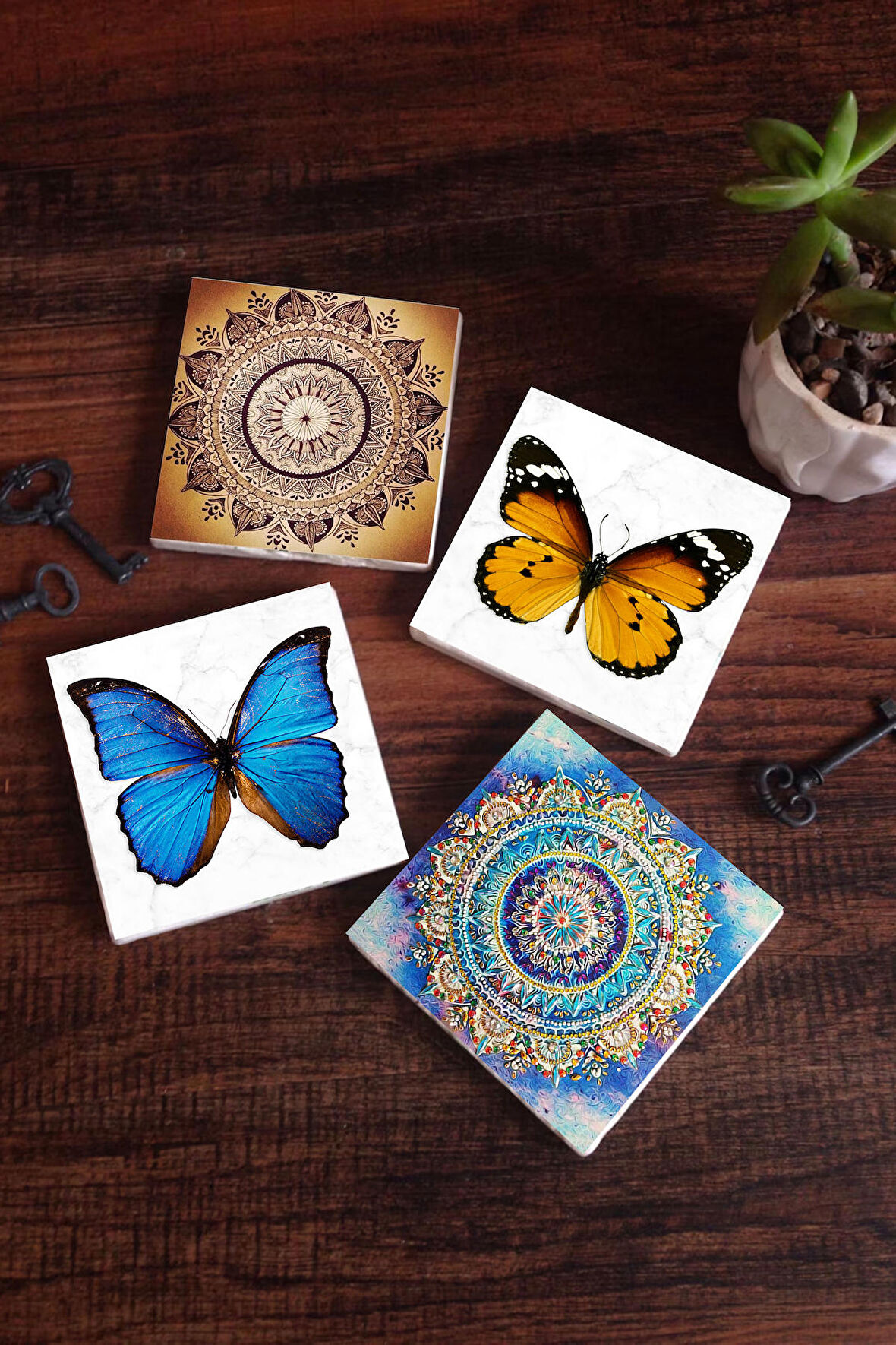 Mandala, Kelebek Taş Bardak Altlığı Masaüstü Koruyucu Altlık 4 Parça Set 10x10cm Stone Coasters