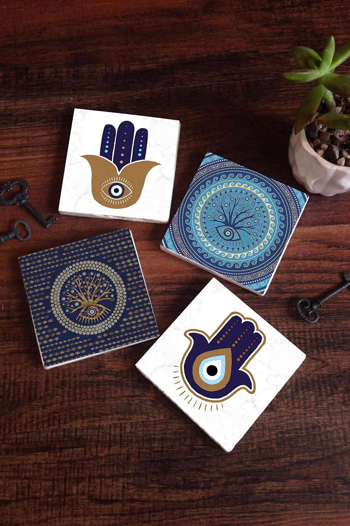 Fatma Ana Eli (Hamsa), Nazar Ağaç Taş Bardak Altlığı Masaüstü Koruyucu Altlık 4 Parça Set 10x10cm Stone Coasters