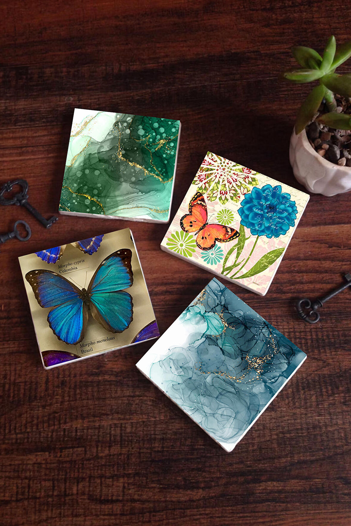 Kelebek, Soyut Sanat Taş Bardak Altlığı Masaüstü Koruyucu Altlık 4 Parça Set 10x10cm Stone Coasters