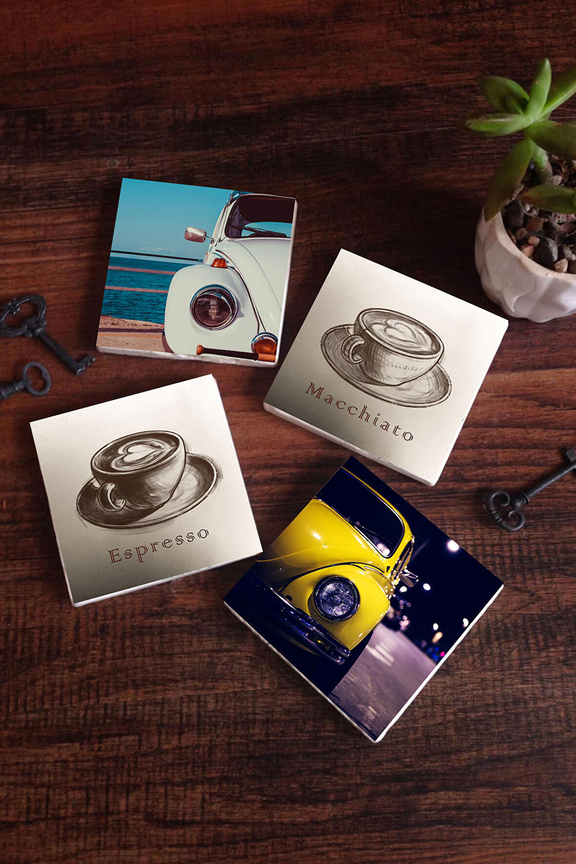 Kahve, Vosvos Araba Taş Bardak Altlığı Masaüstü Koruyucu Altlık 4 Parça Set 10x10cm Stone Coasters