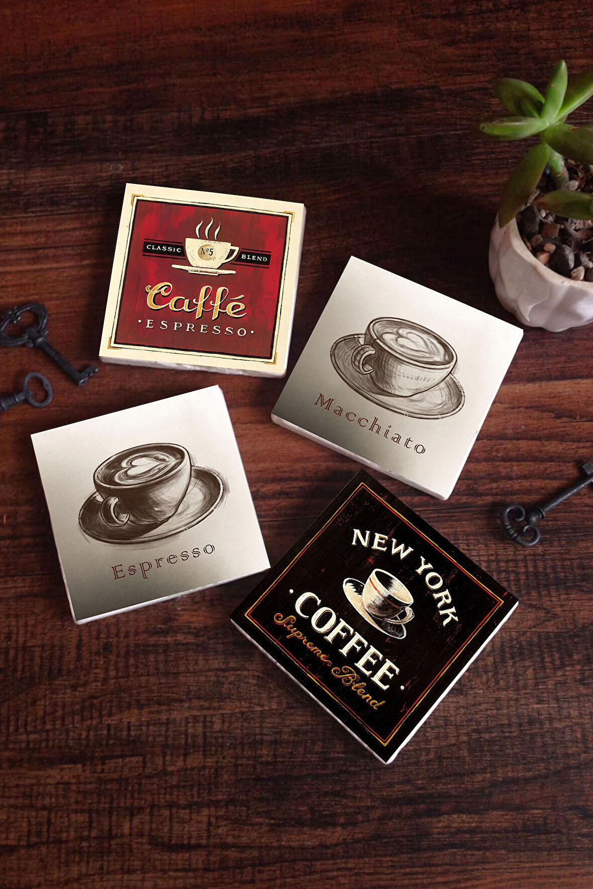 Kahve Taş Bardak Altlığı Masaüstü Koruyucu Altlık 4 Parça Set 10x10cm Stone Coasters