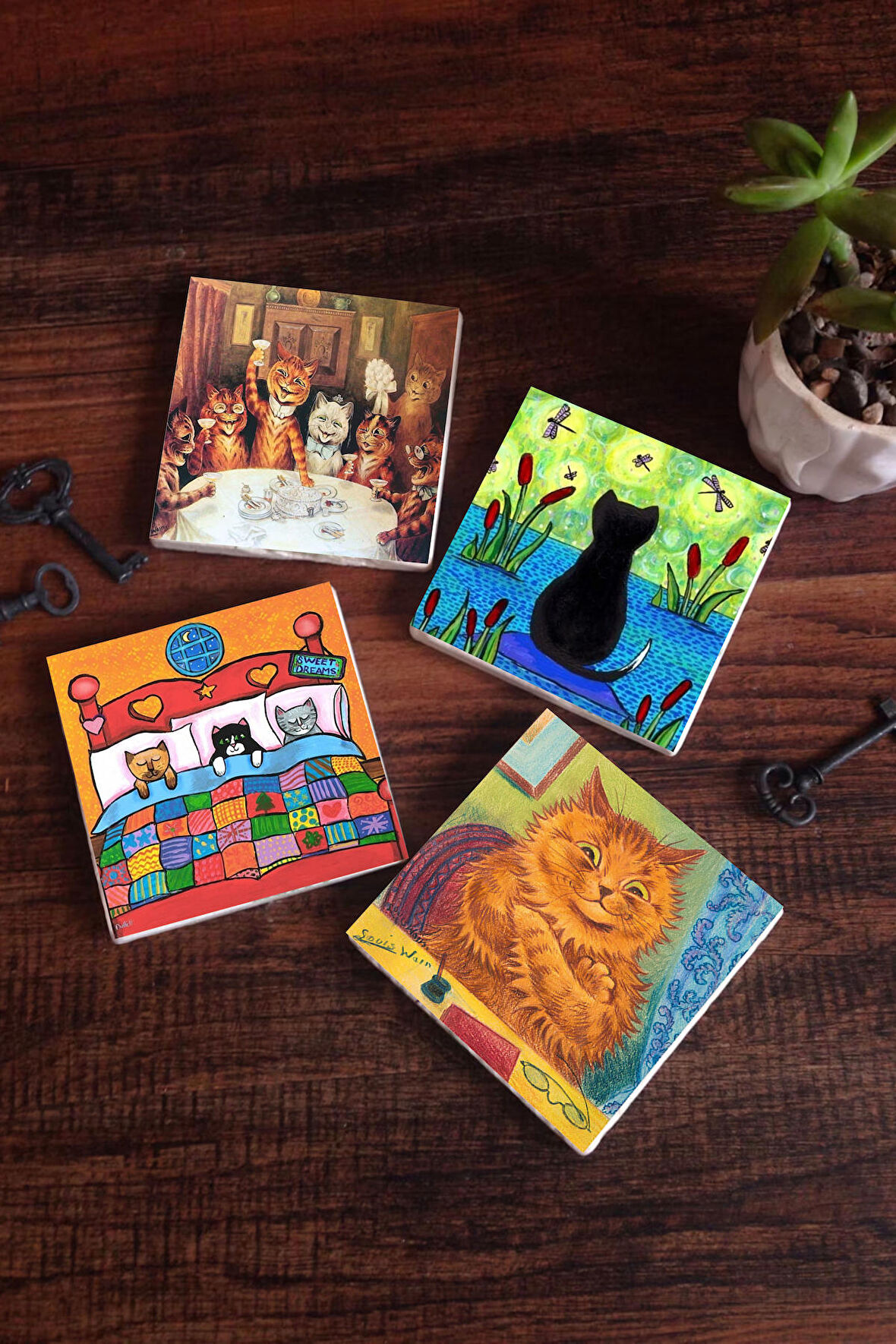 Kedi Taş Bardak Altlığı Masaüstü Koruyucu Altlık 4 Parça Set 10x10cm Stone Coasters