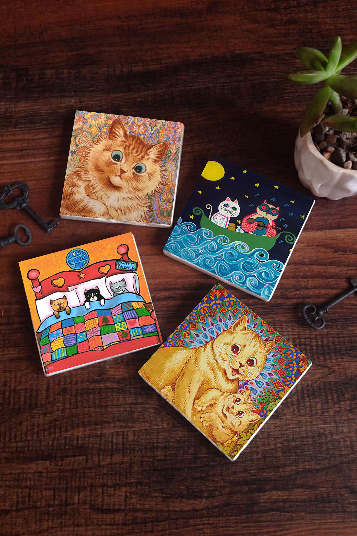 Kedi Taş Bardak Altlığı Masaüstü Koruyucu Altlık 4 Parça Set 10x10cm Stone Coasters