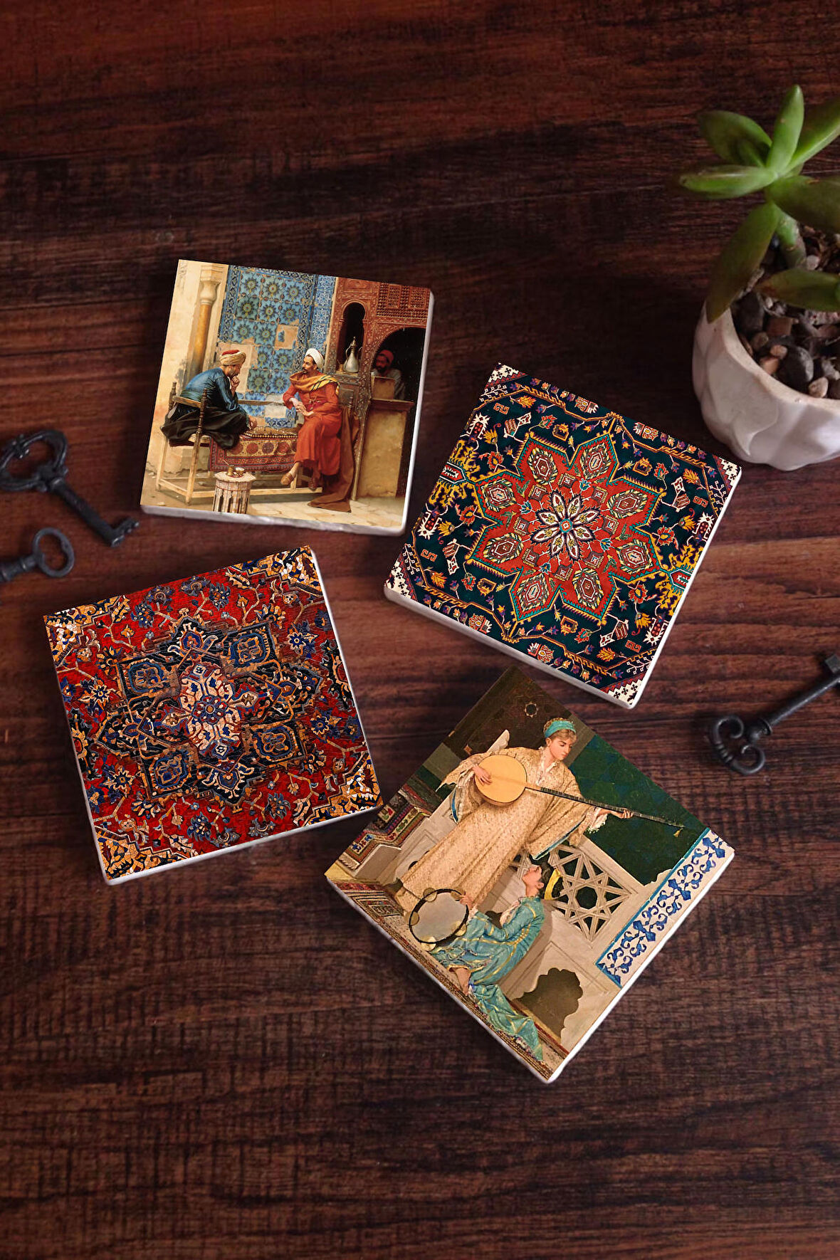 Desen, Satranç Oyunu, İki Müzisyen Kız Taş Bardak Altlığı Masaüstü Koruyucu Altlık 4 Parça Set 10x10cm Stone Coasters