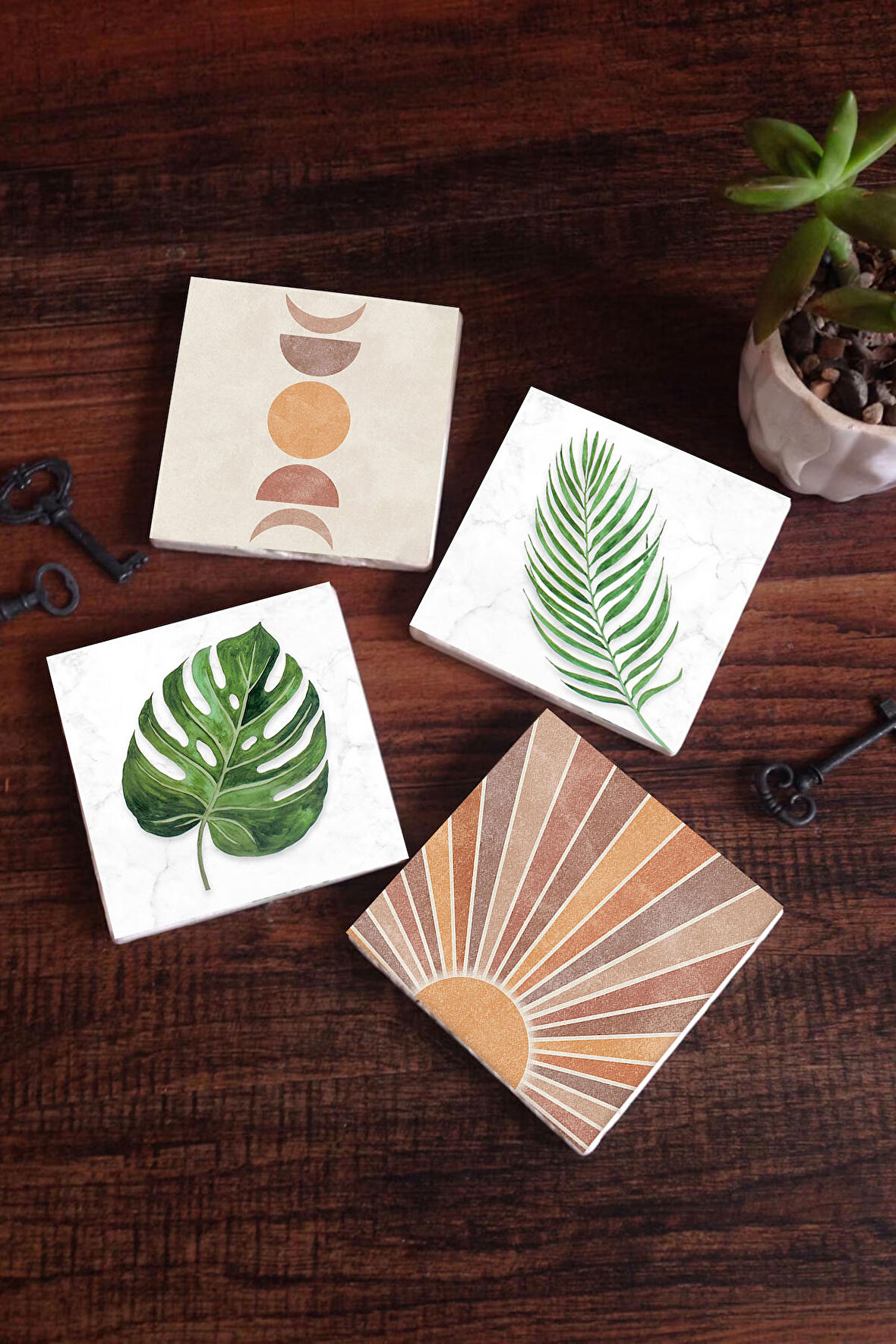 Minimalist Soyut, Yaprak Taş Bardak Altlığı Masaüstü Koruyucu Altlık 4 Parça Set 10x10cm Stone Coasters