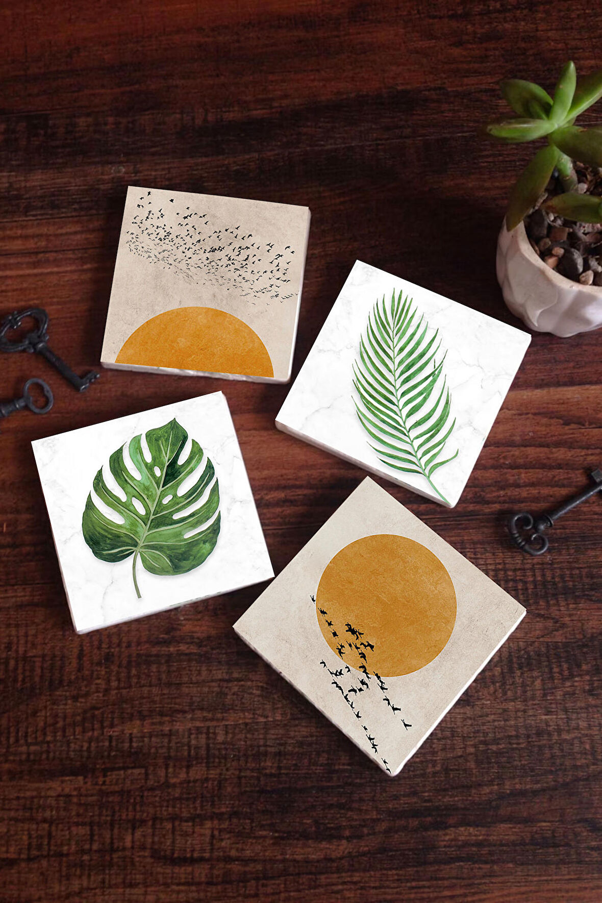 Minimalist, Yaprak Taş Bardak Altlığı Masaüstü Koruyucu Altlık 4 Parça Set 10x10cm Stone Coasters