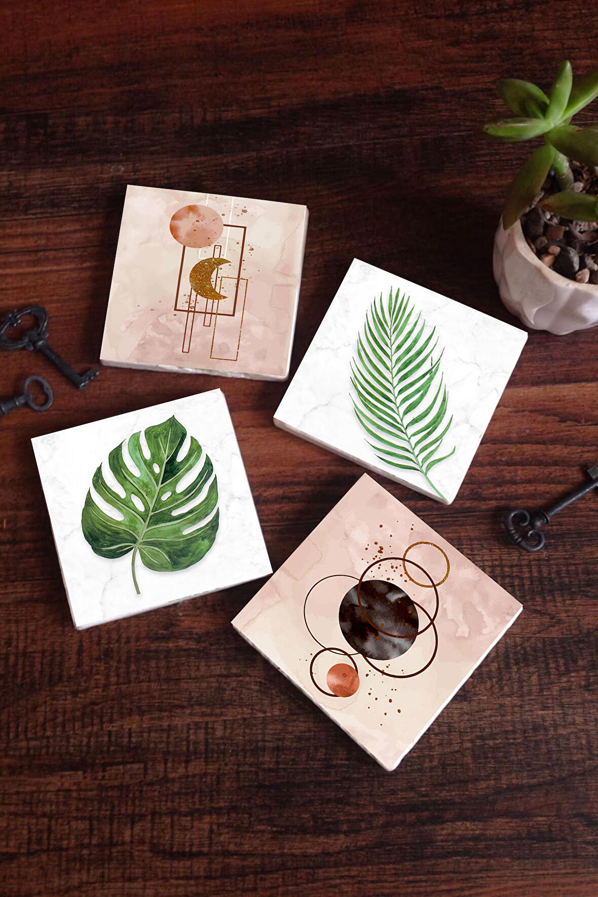 Minimalist Soyut, Yaprak Taş Bardak Altlığı Masaüstü Koruyucu Altlık 4 Parça Set 10x10cm Stone Coasters