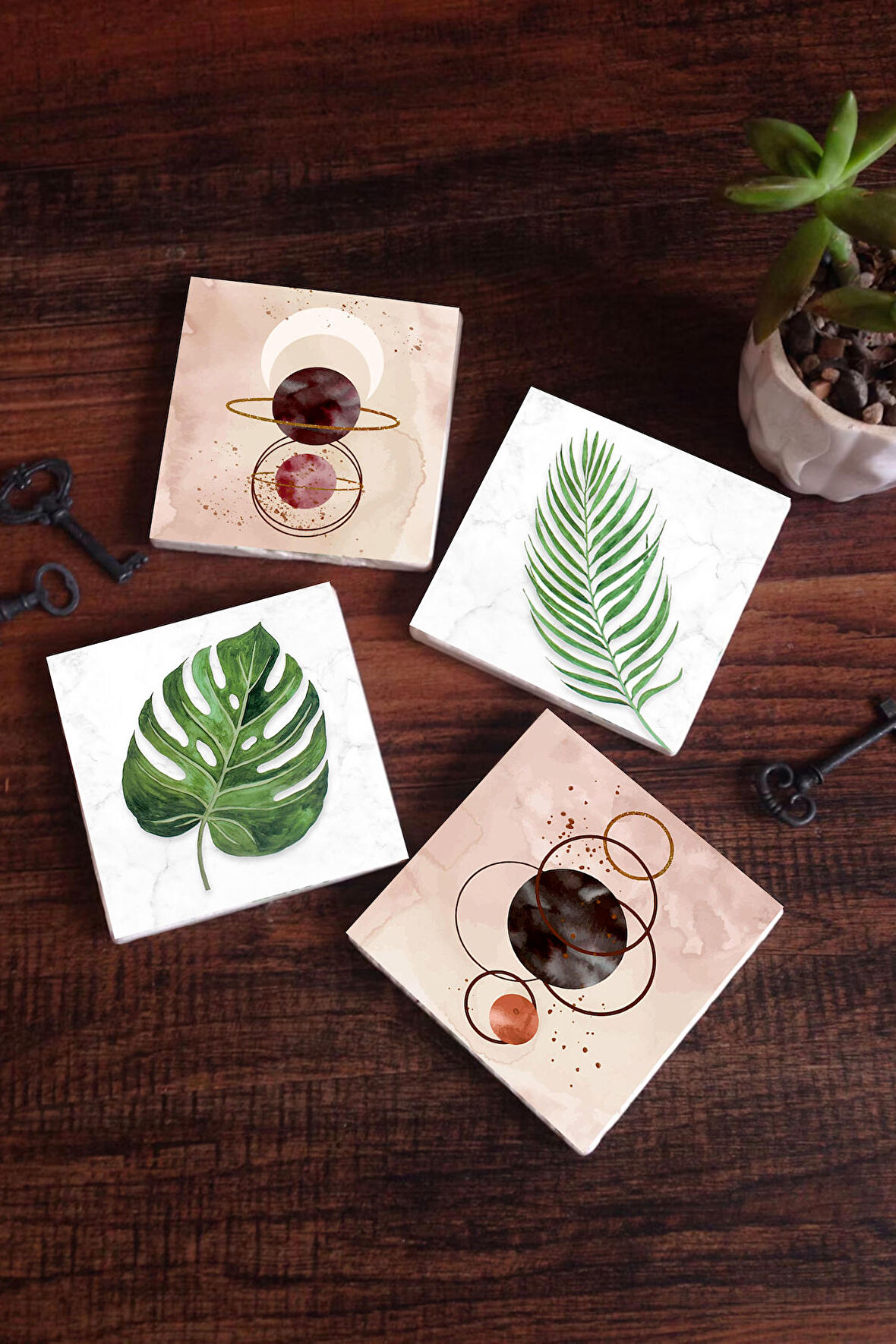 Minimalist Soyut, Yaprak Taş Bardak Altlığı Masaüstü Koruyucu Altlık 4 Parça Set 10x10cm Stone Coasters