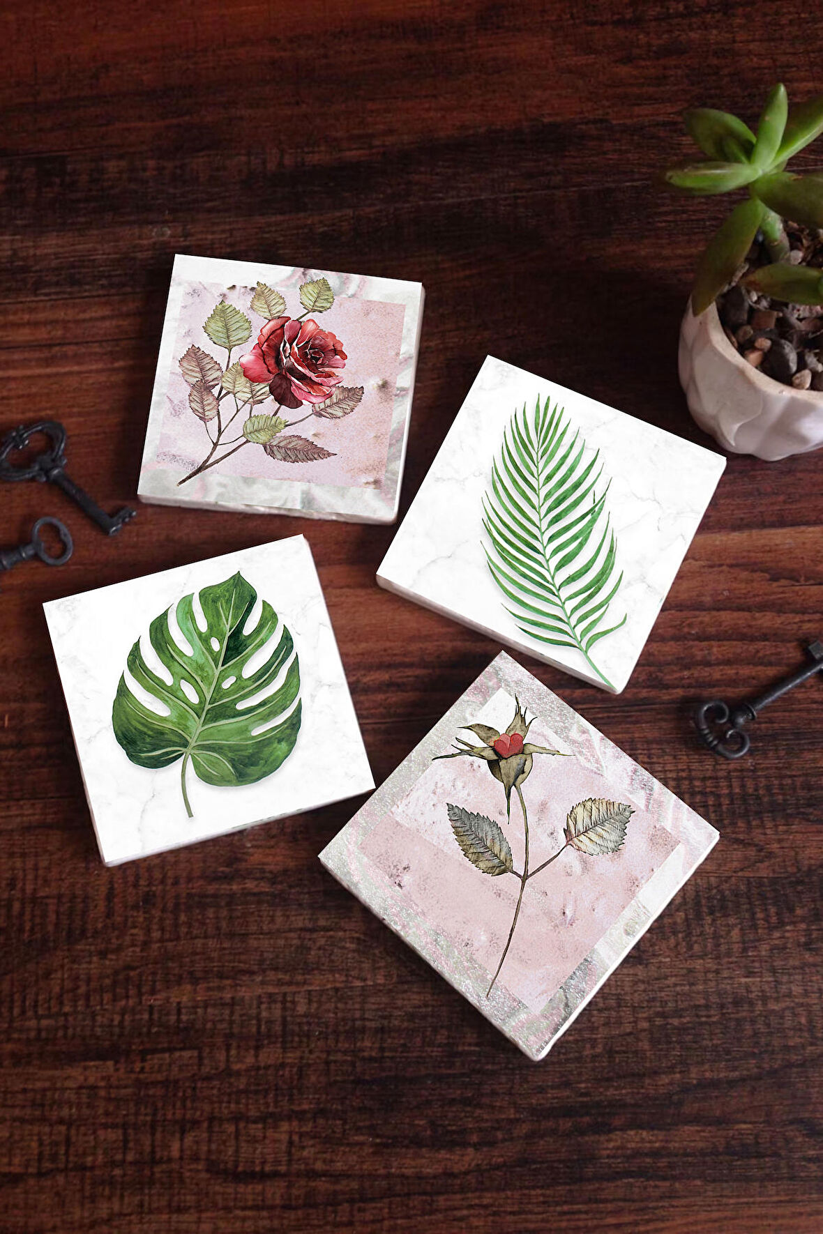 Gül Çiçek, Yaprak Taş Bardak Altlığı Masaüstü Koruyucu Altlık 4 Parça Set 10x10cm Stone Coasters