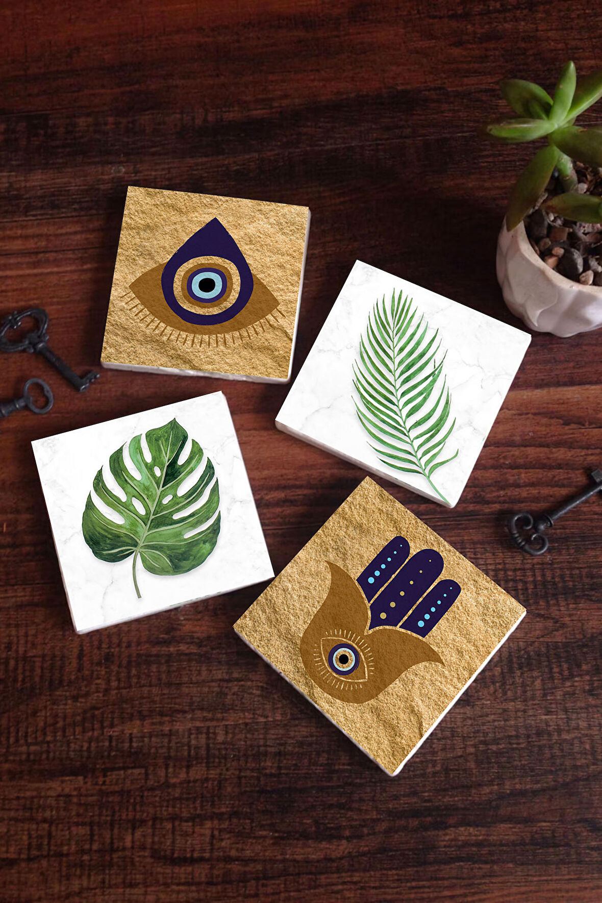 Fatma Ana Eli (Hamsa), Nazar, Yaprak Taş Bardak Altlığı Masaüstü Koruyucu Altlık 4 Parça Set 10x10cm Stone Coasters