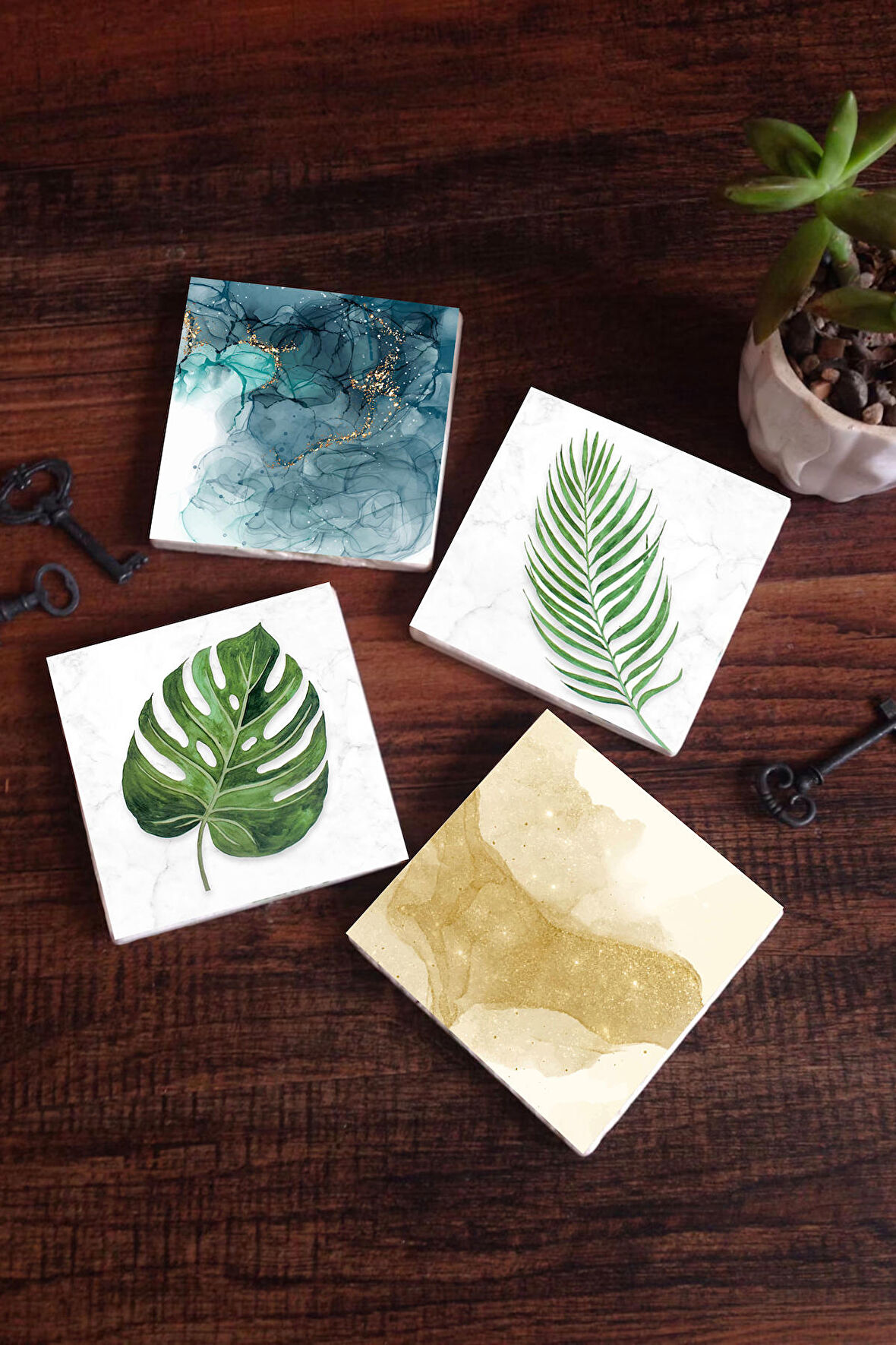 Yaprak, Soyut Sanat Taş Bardak Altlığı Masaüstü Koruyucu Altlık 4 Parça Set 10x10cm Stone Coasters