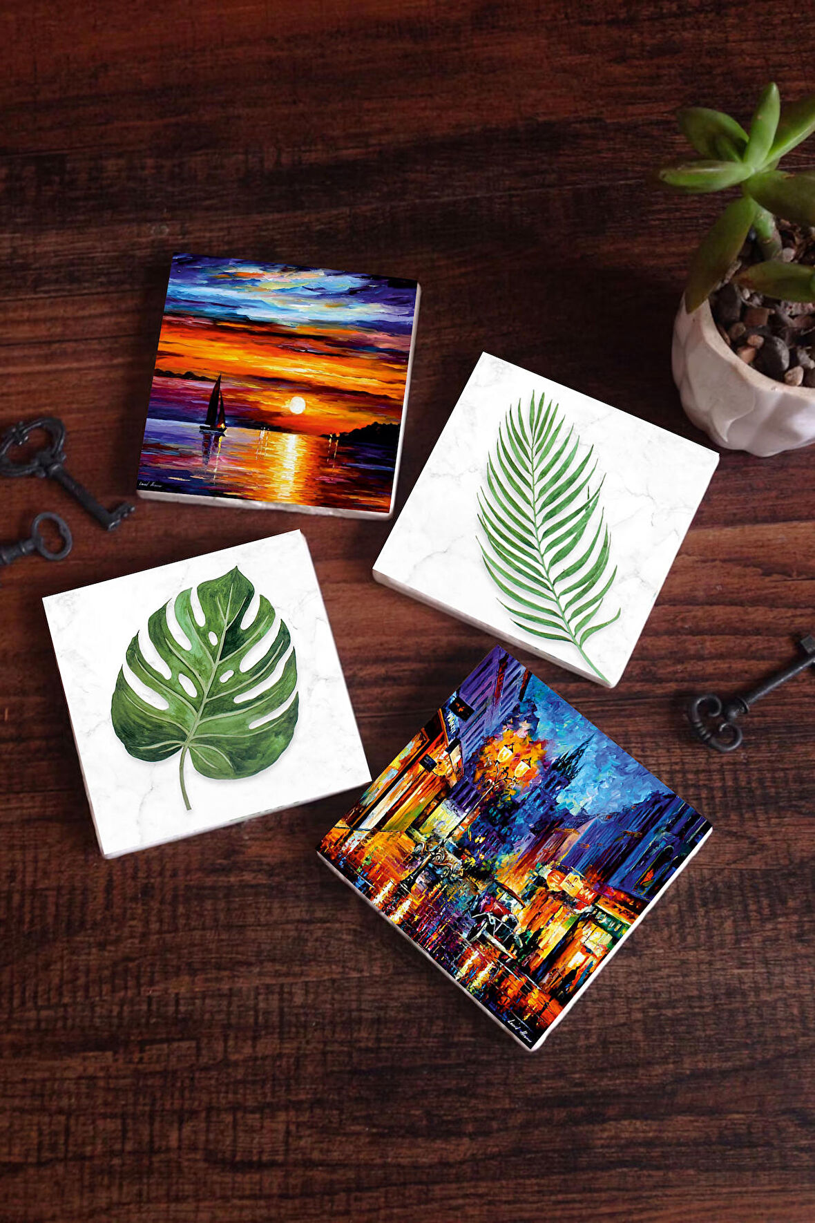 Yaprak, Deniz Manzarası, Sokak Manzarası Taş Bardak Altlığı Masaüstü Koruyucu Altlık 4 Parça Set 10x10cm Stone Coasters