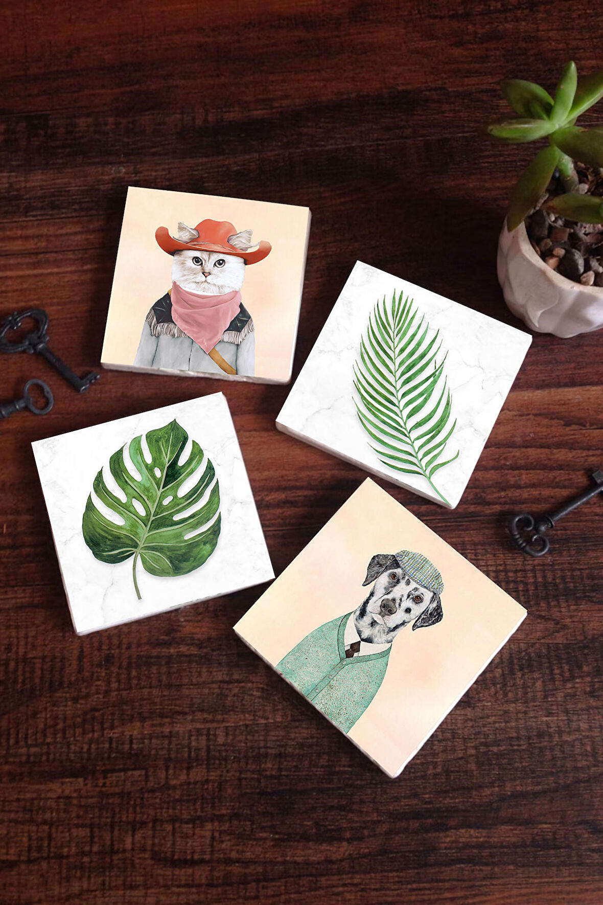 Yaprak, Köpek, Kedi Taş Bardak Altlığı Masaüstü Koruyucu Altlık 4 Parça Set 10x10cm Stone Coasters